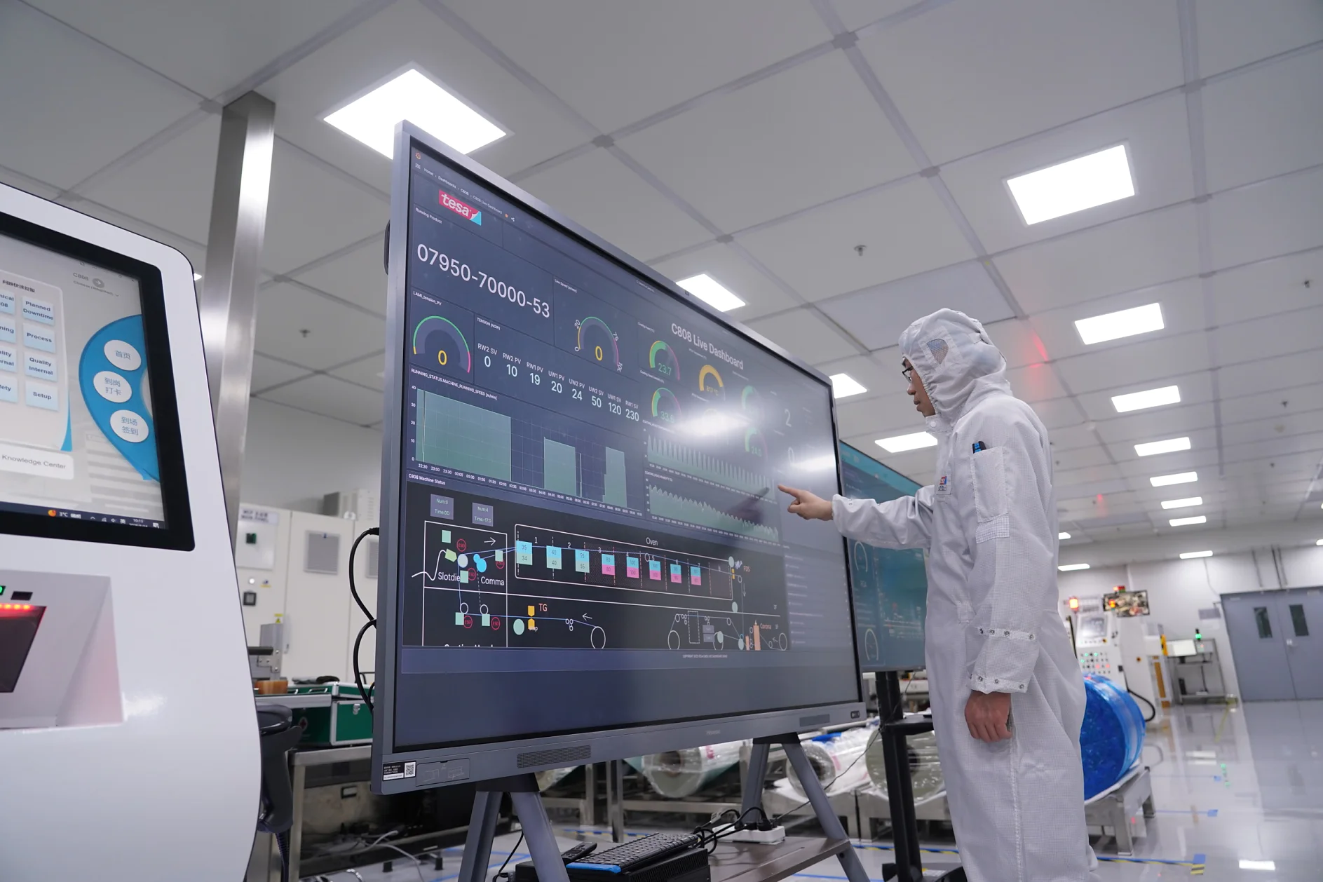 Eine Person in einem Reinraumanzug interagiert mit einem Touchscreen, auf dem Daten und Grafiken angezeigt werden; im Hightech-Labor ist Tesafilm zu sehen. (This text has been generated by AI)