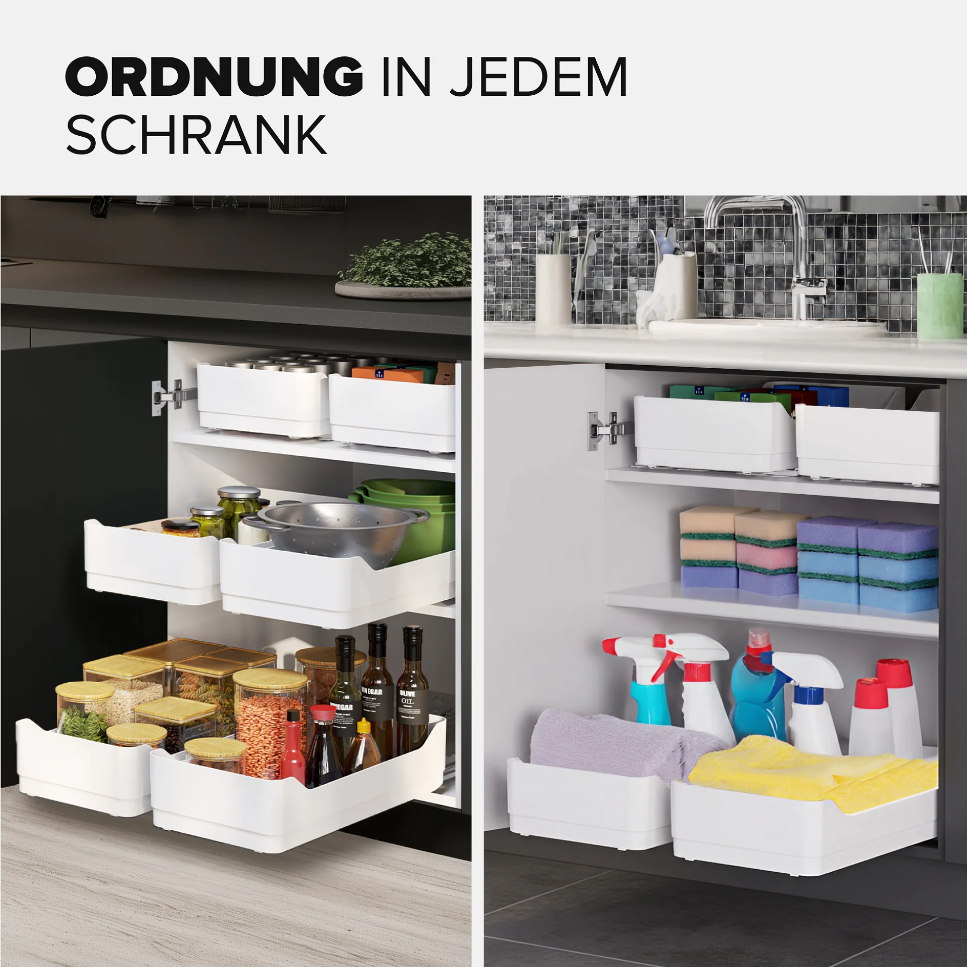 Zwei Fotos von weißen Auszugsbehältern in Küchen- und Badezimmerschränken für Gläser, Gewürze, Handtücher; Text: ORDNUNG IN JEDEM SCHRANK.