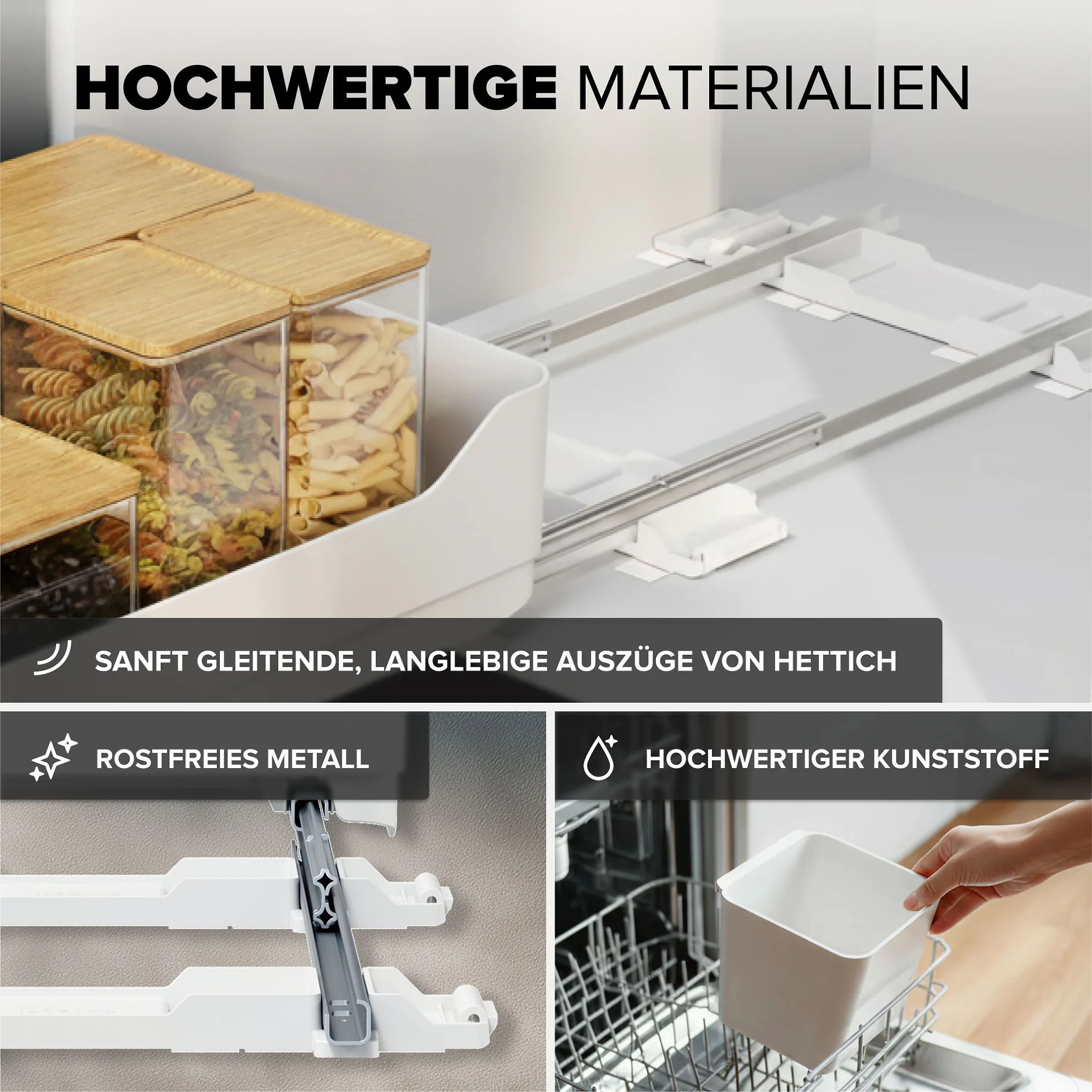 Eine Küchenschublade mit Glasnudelbehältern, Nahaufnahme von Metallschienen und einem Behälter in der Spülmaschine. tesa Klebeband sorgt für Haltbarkeit.