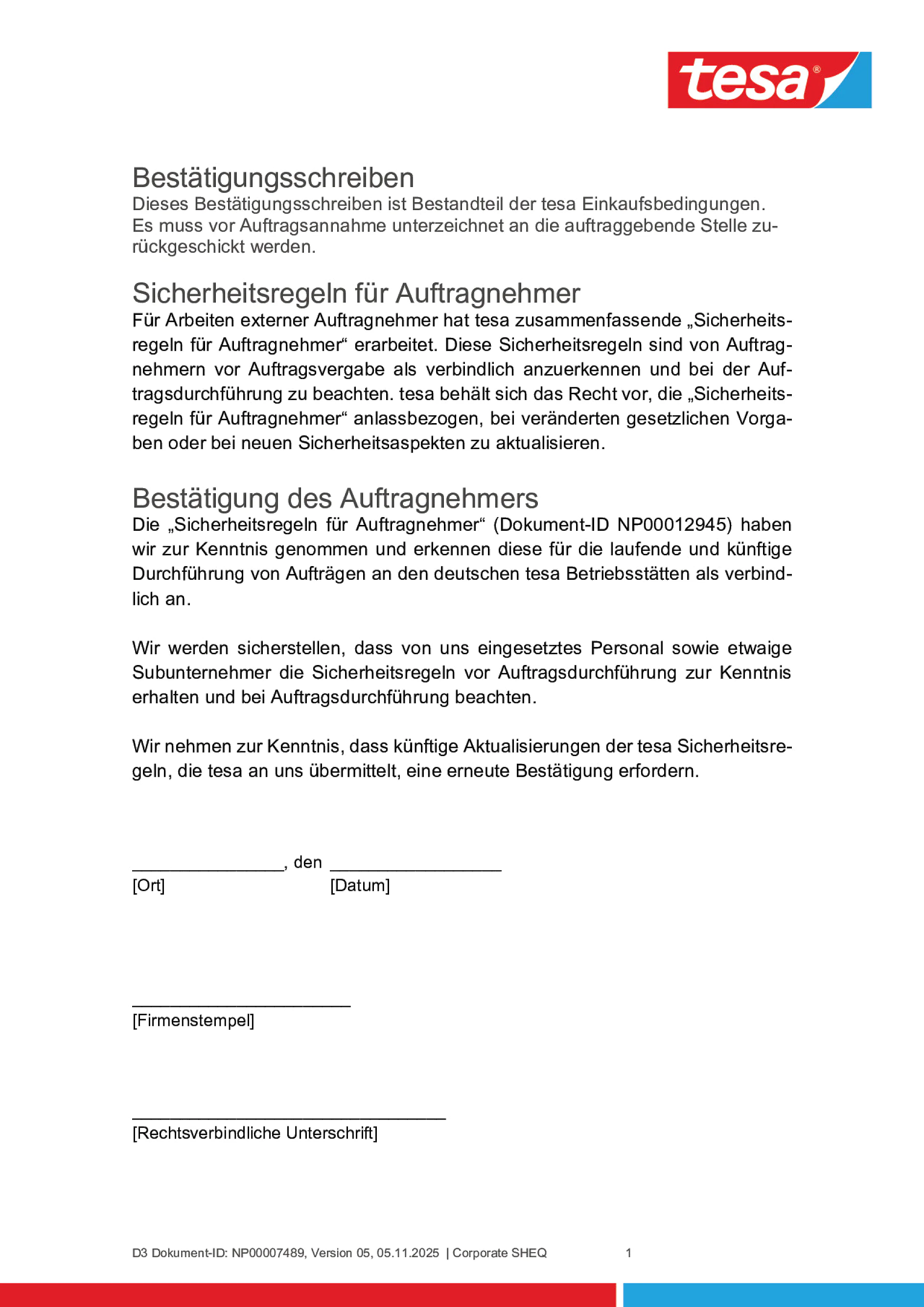 Bestätigung Sicherheitsregeln für Auftragnehmer