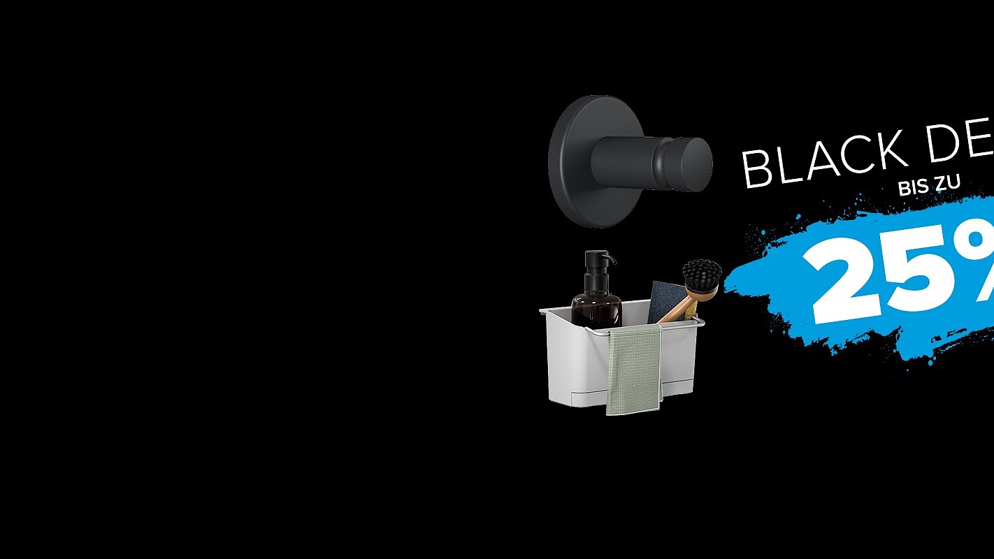 Ein schwarzer Hintergrund zeigt einen Wandhaken mit Tesaband, Badaccessoires, einen gemusterten Teppich und ein Thermostat. BLACK DEALZ BIS ZU 25%. (This text has been generated by AI)