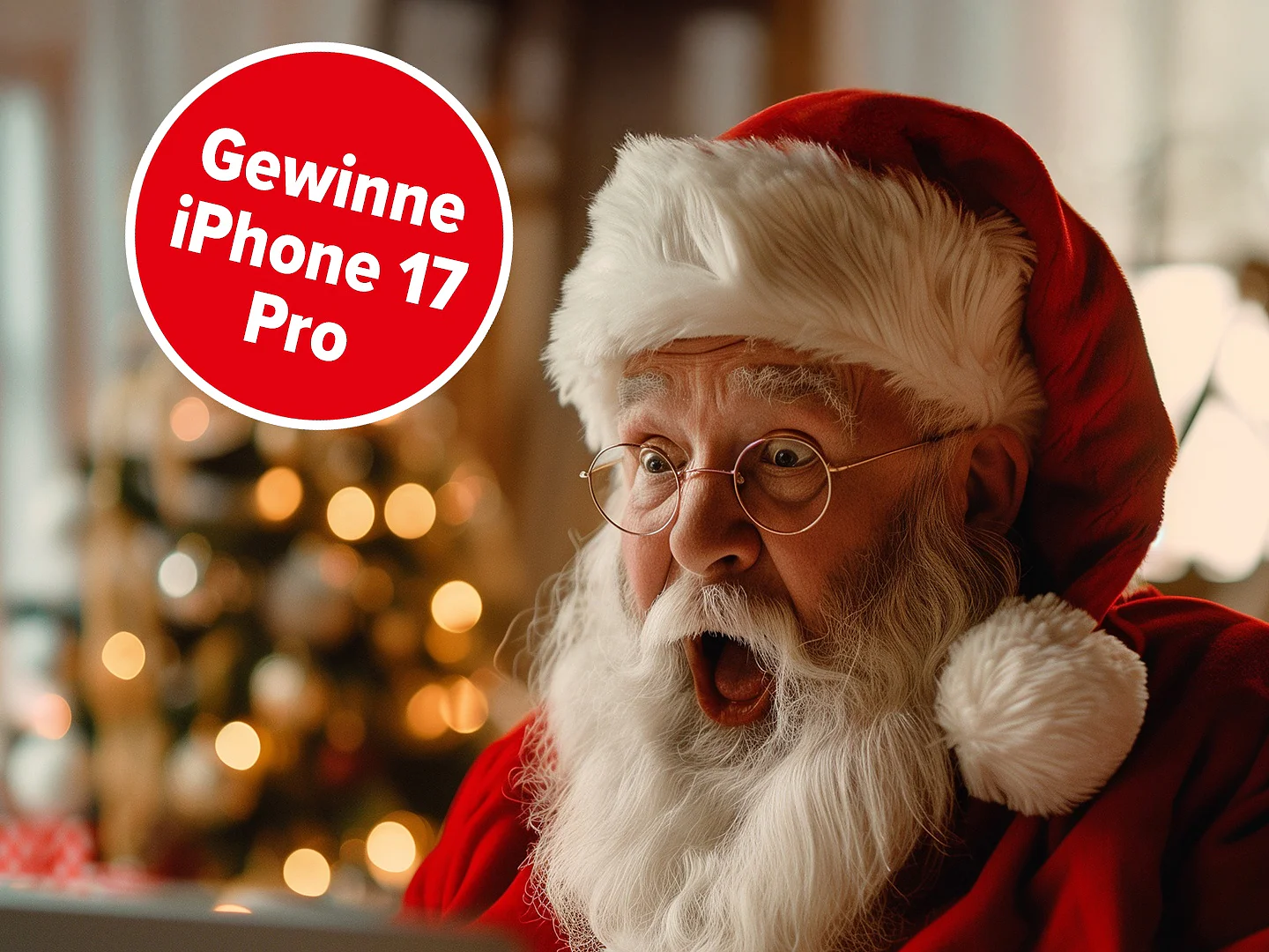 Ein überraschter Weihnachtsmann sitzt an einem Laptop mit einer Tesafilmrolle in der Nähe. Dahinter ein Weihnachtsbaum; im roten Kreis steht Gewinne iPhone 17 Pro. (This text has been generated by AI)