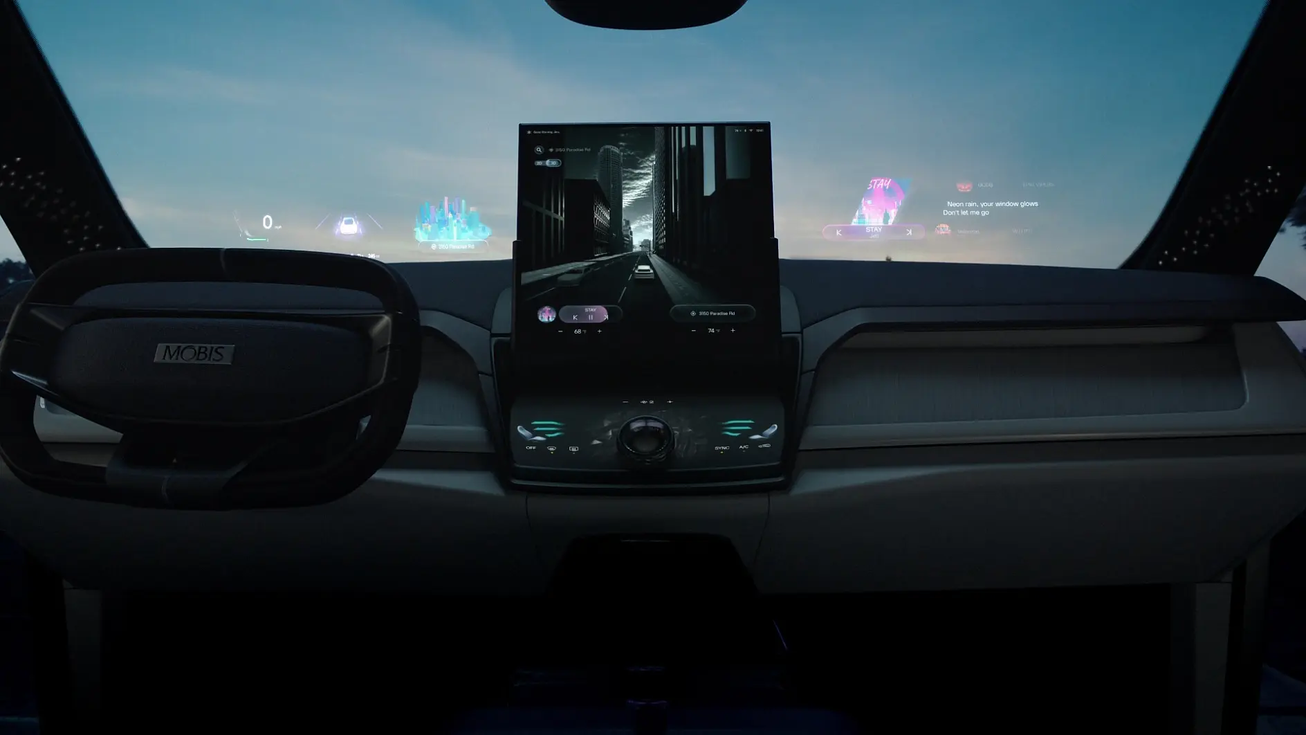 A modern car dashboard with a Mobis-branded steering wheel and controls, featuring tesa tape for assembly around the digital displays. (This text has been generated by AI)