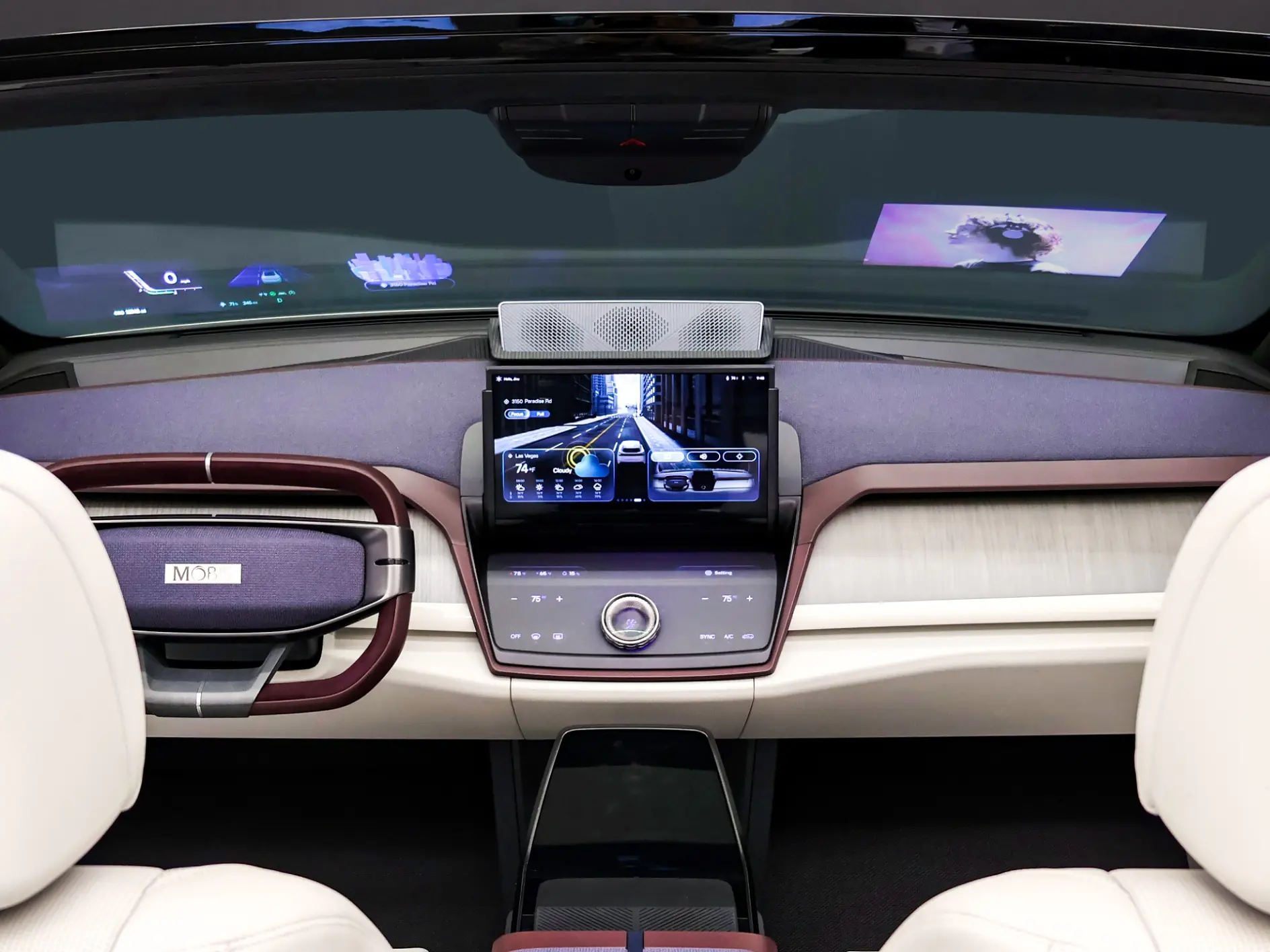 View of a modern car interior from the back seat, featuring white leather seats, digital dashboard, central display, and tesa tape used in trim. (This text has been generated by AI)