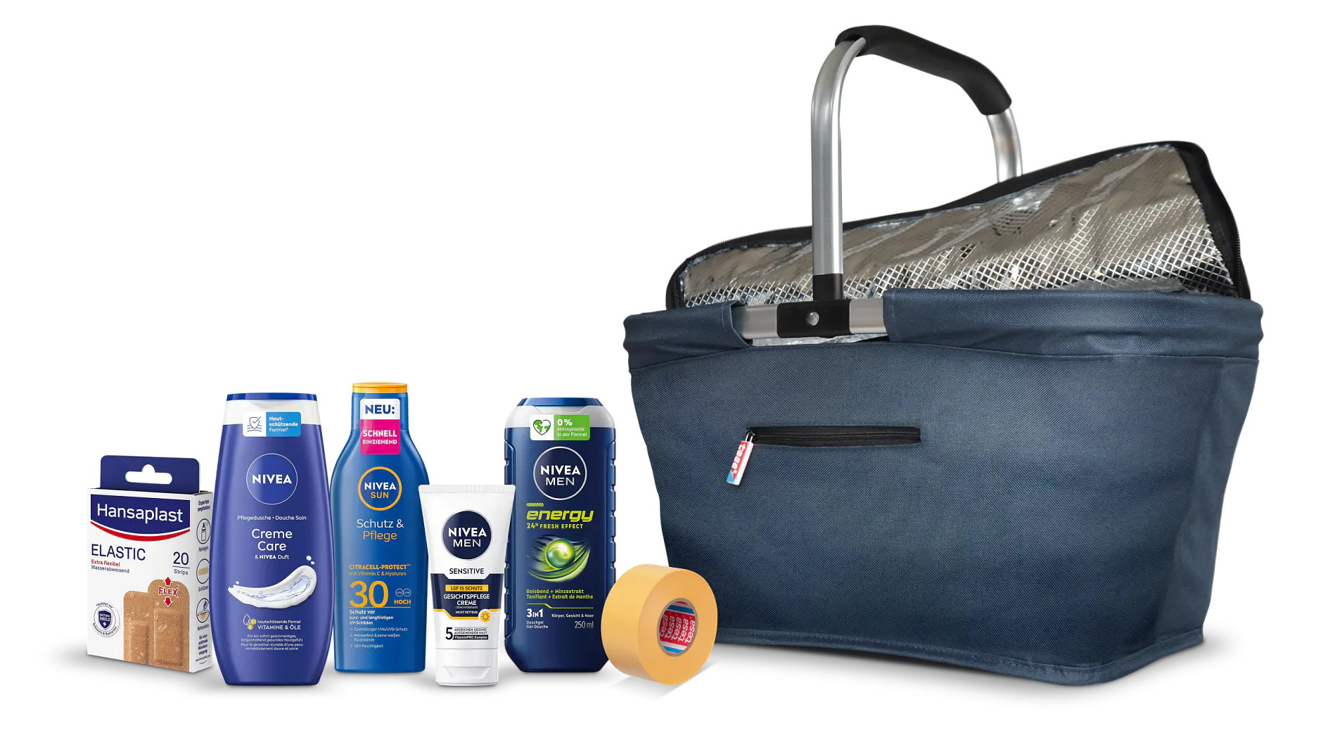 Ein Einkaufskorb mit Körperpflegeprodukten: Pflaster, Nivea-Artikel, Deodorant und eine Rolle beigefarbenes Tesaband auf weißem Hintergrund. (This text has been generated by AI)