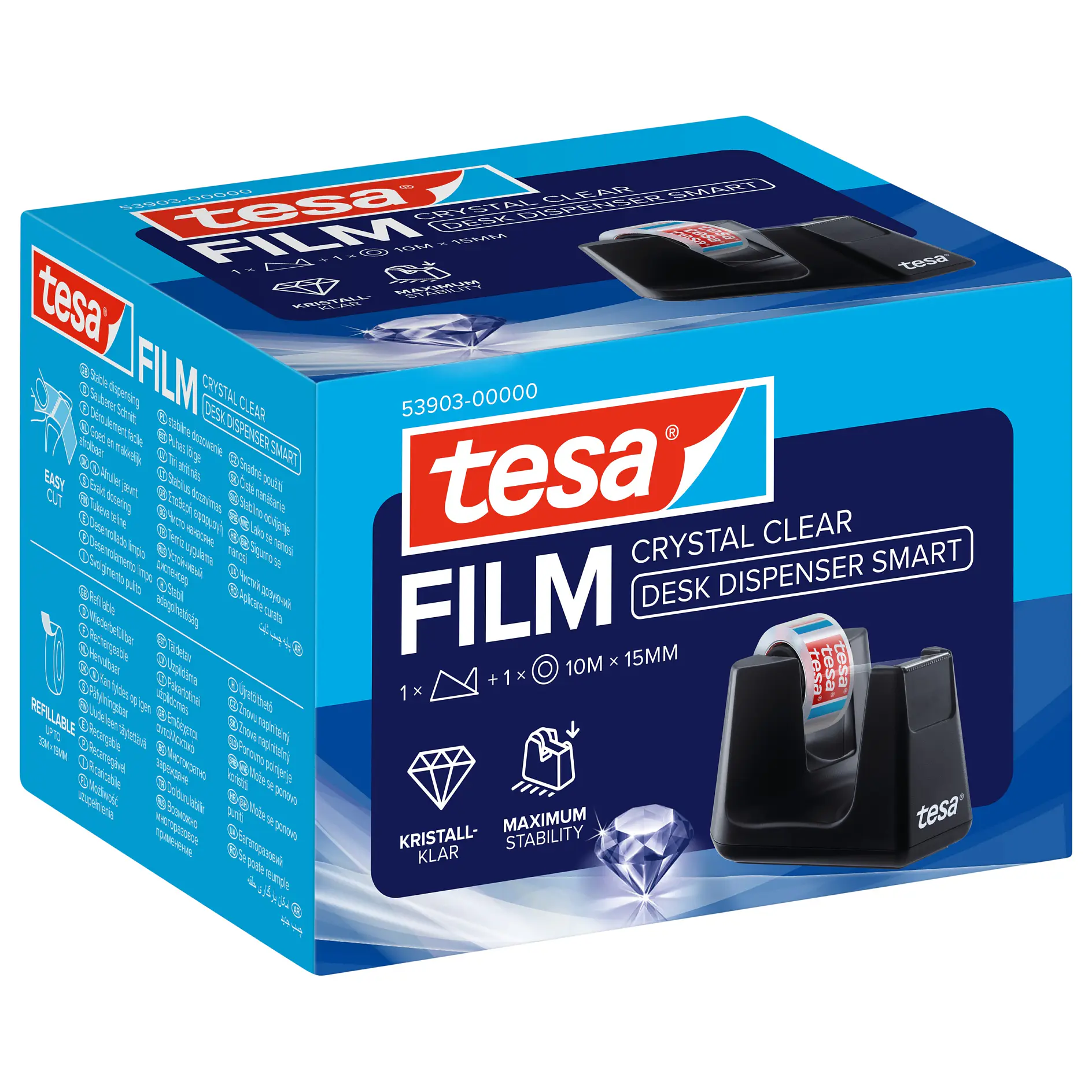 tesa crystal clear desk dispenser smart with transparent adhesive film roll, shown in blue retail packaging box on white background (This text has been generated by AI)