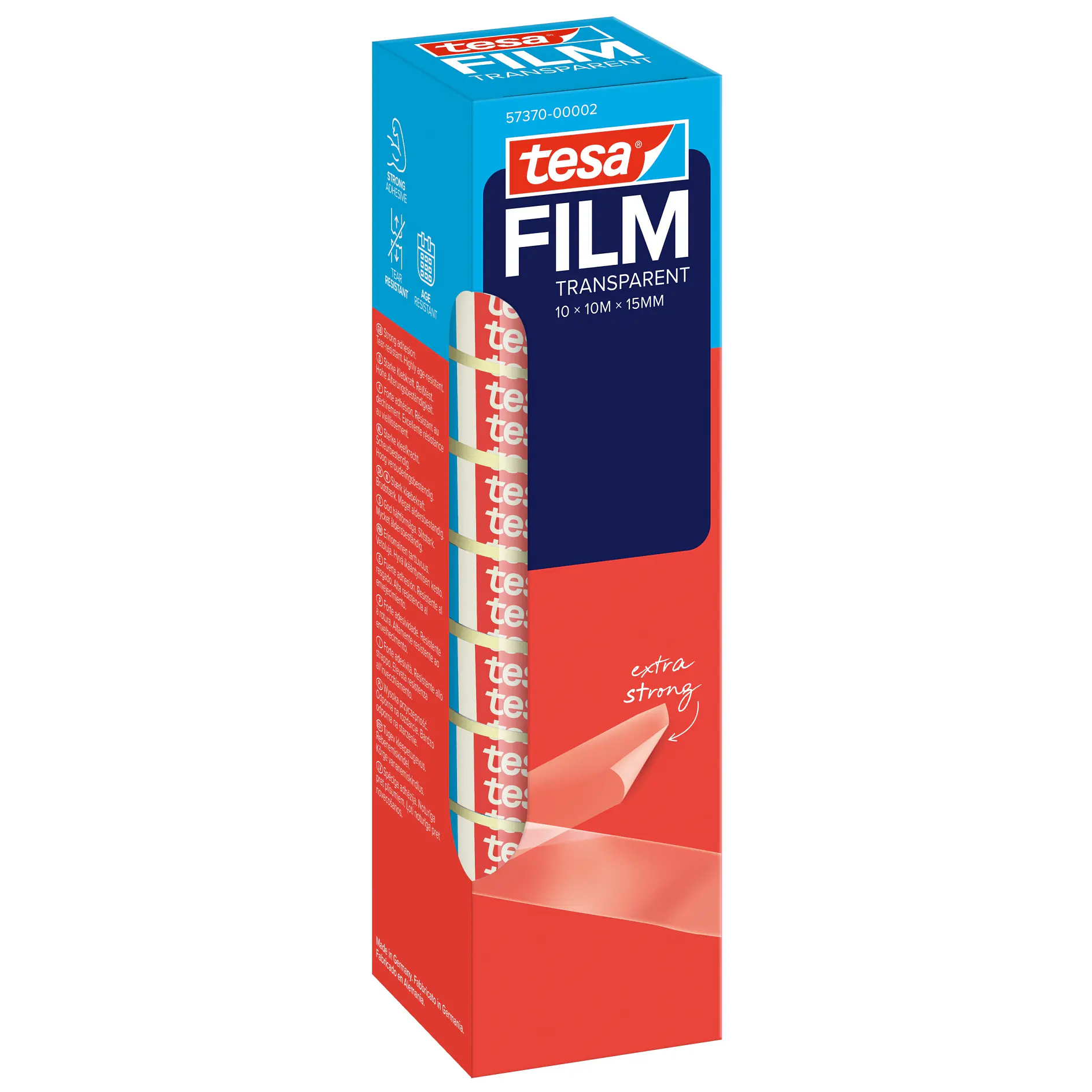 tesa transparent film tape in a blue and red rectangular box with branding and product details on an isolated white background (This text has been generated by AI)