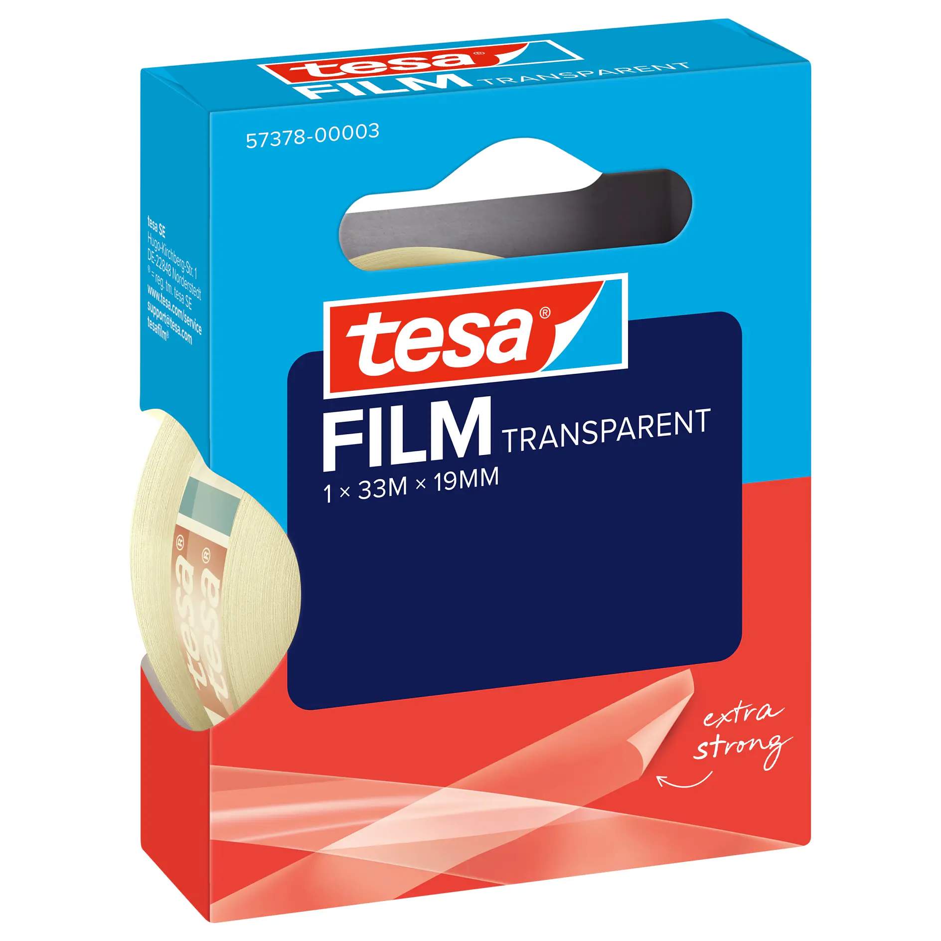 tesa transparent film tape in blue and red packaging with a roll of tape partially visible on the side (This text has been generated by AI)