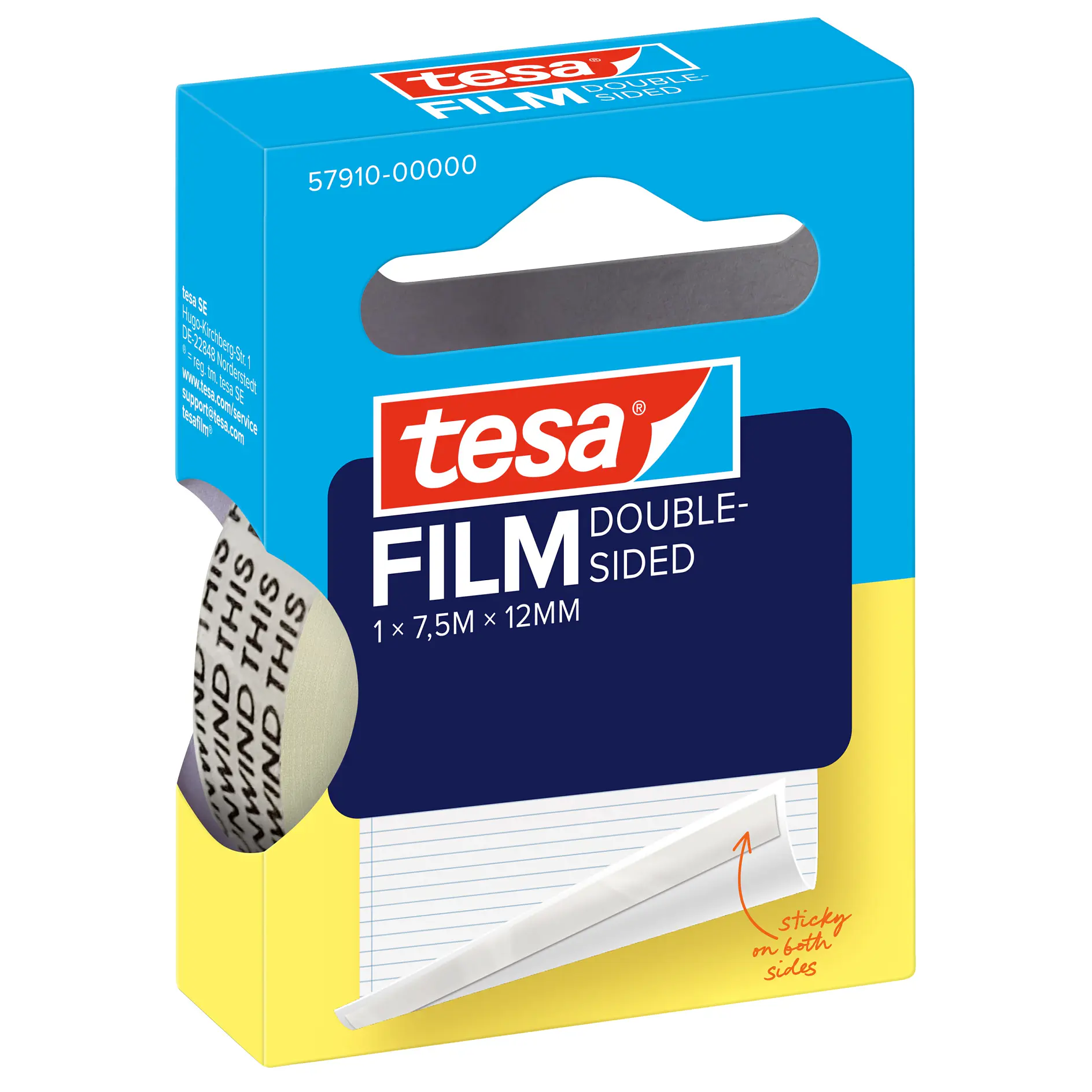 tesa double-sided film tape roll and packaging, showing tape partially extended, displayed against a white background (This text has been generated by AI)