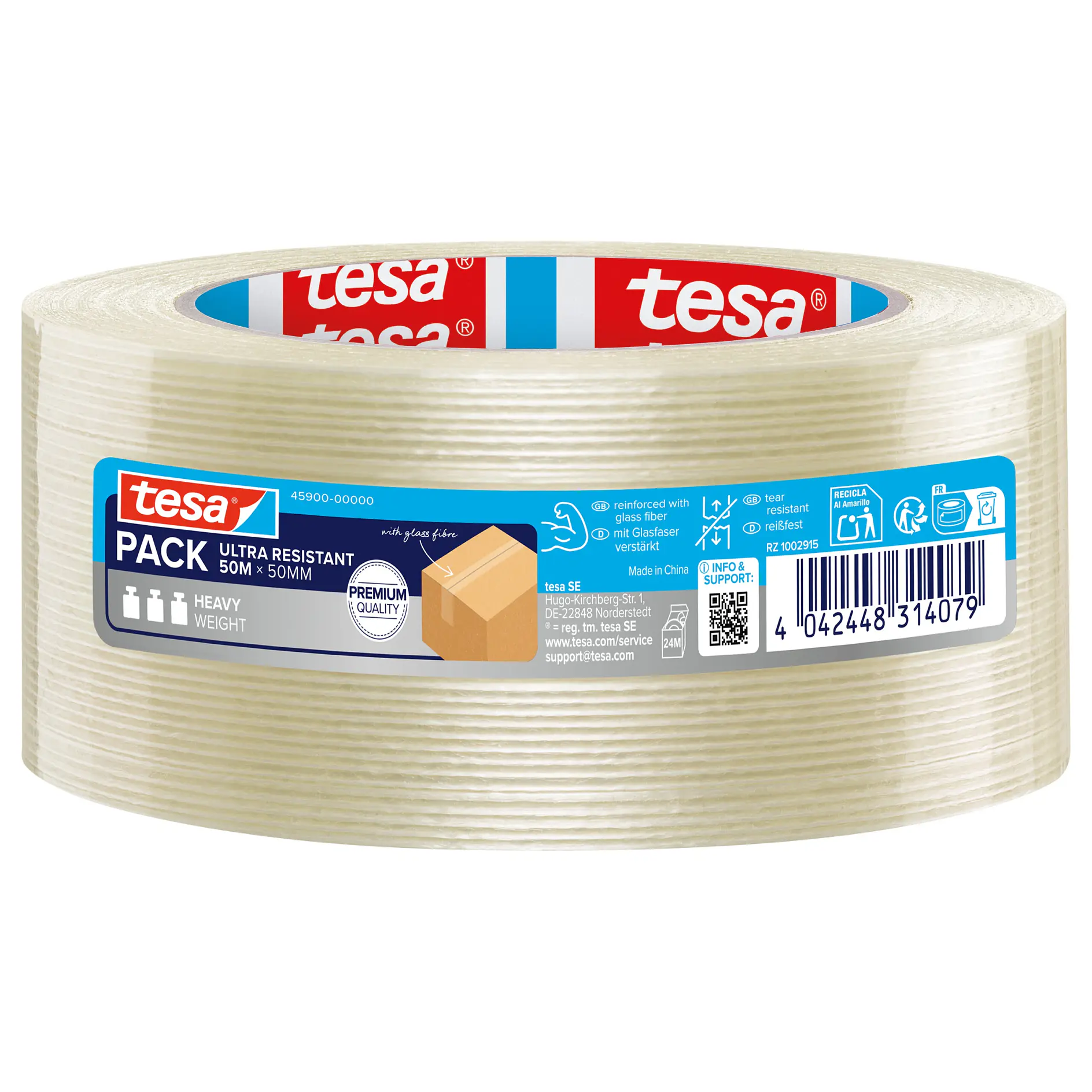 Clear packing tape roll with blue and red tesa label, showing product details and barcode on an indoor white background. (This text has been generated by AI)