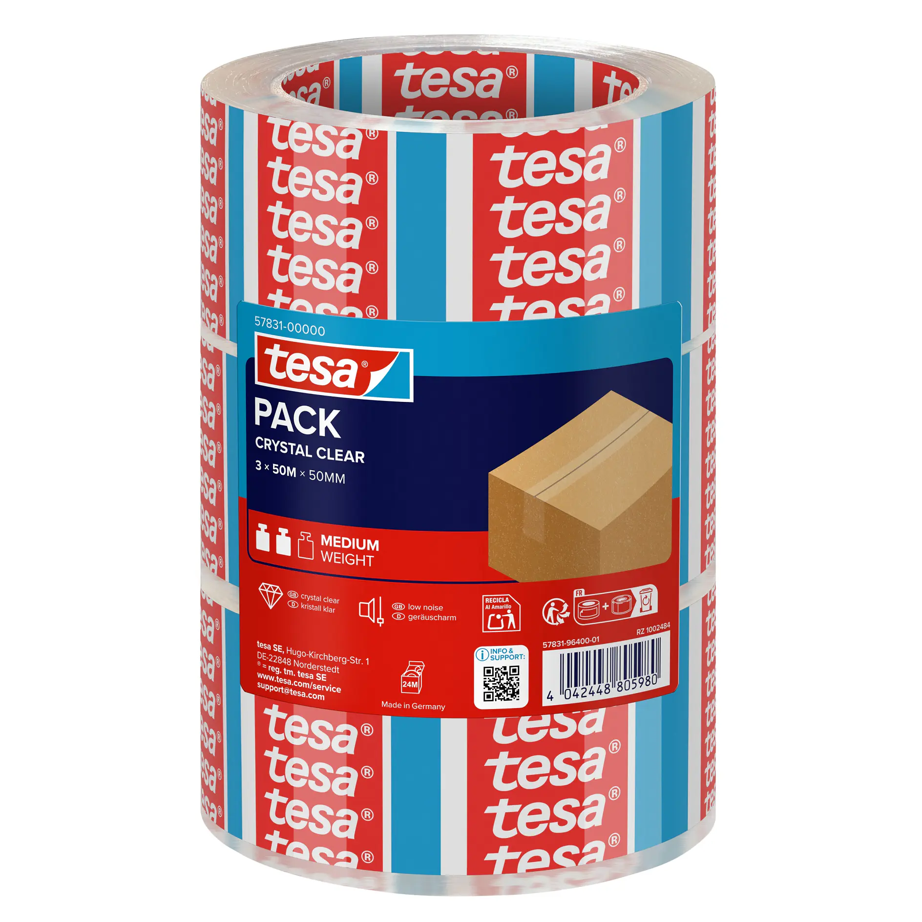roll of tesa brand clear packing tape with red and white logo pattern, displayed against a white background (This text has been generated by AI)
