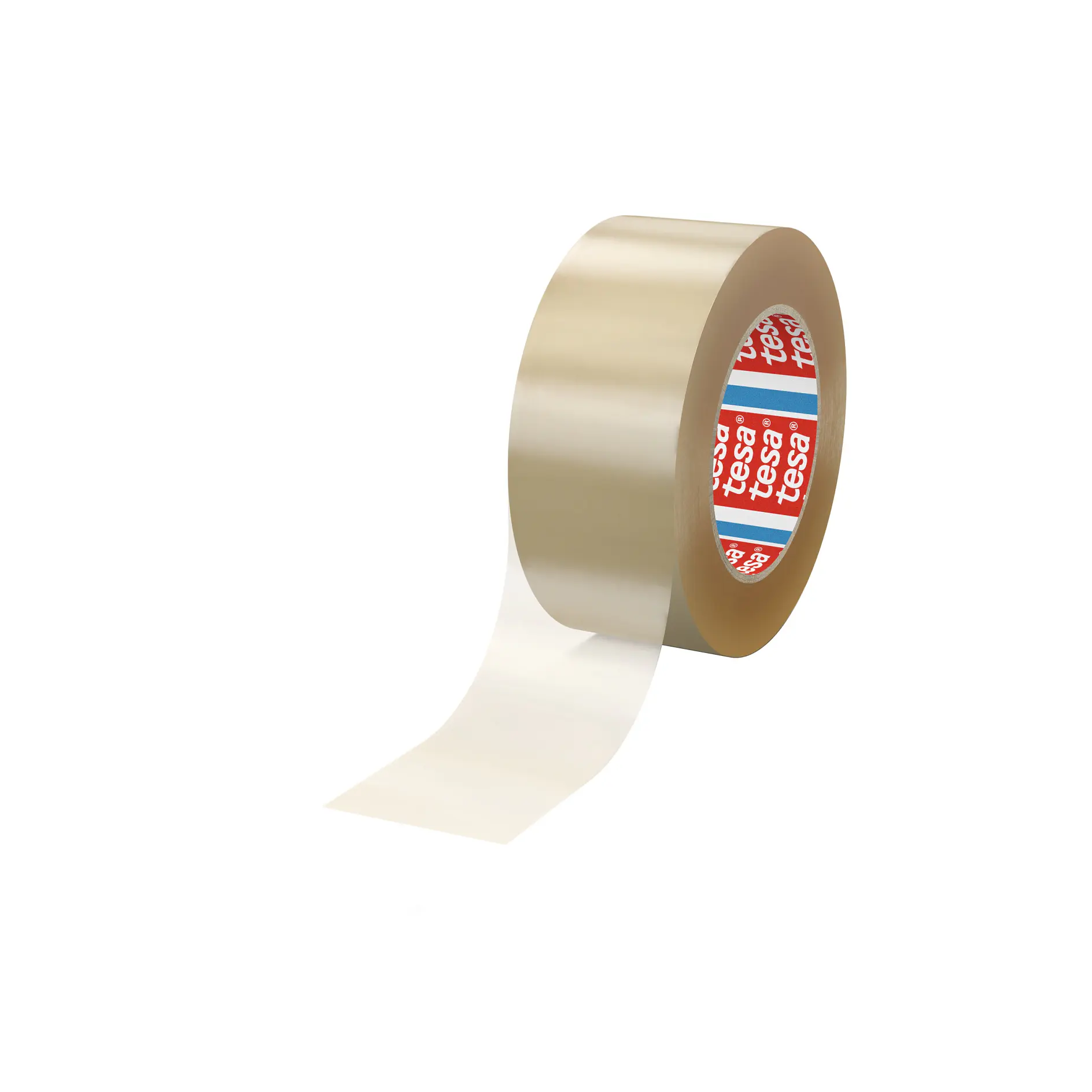 clear adhesive tesa tape roll with partially unrolled strip on white background (This text has been generated by AI)