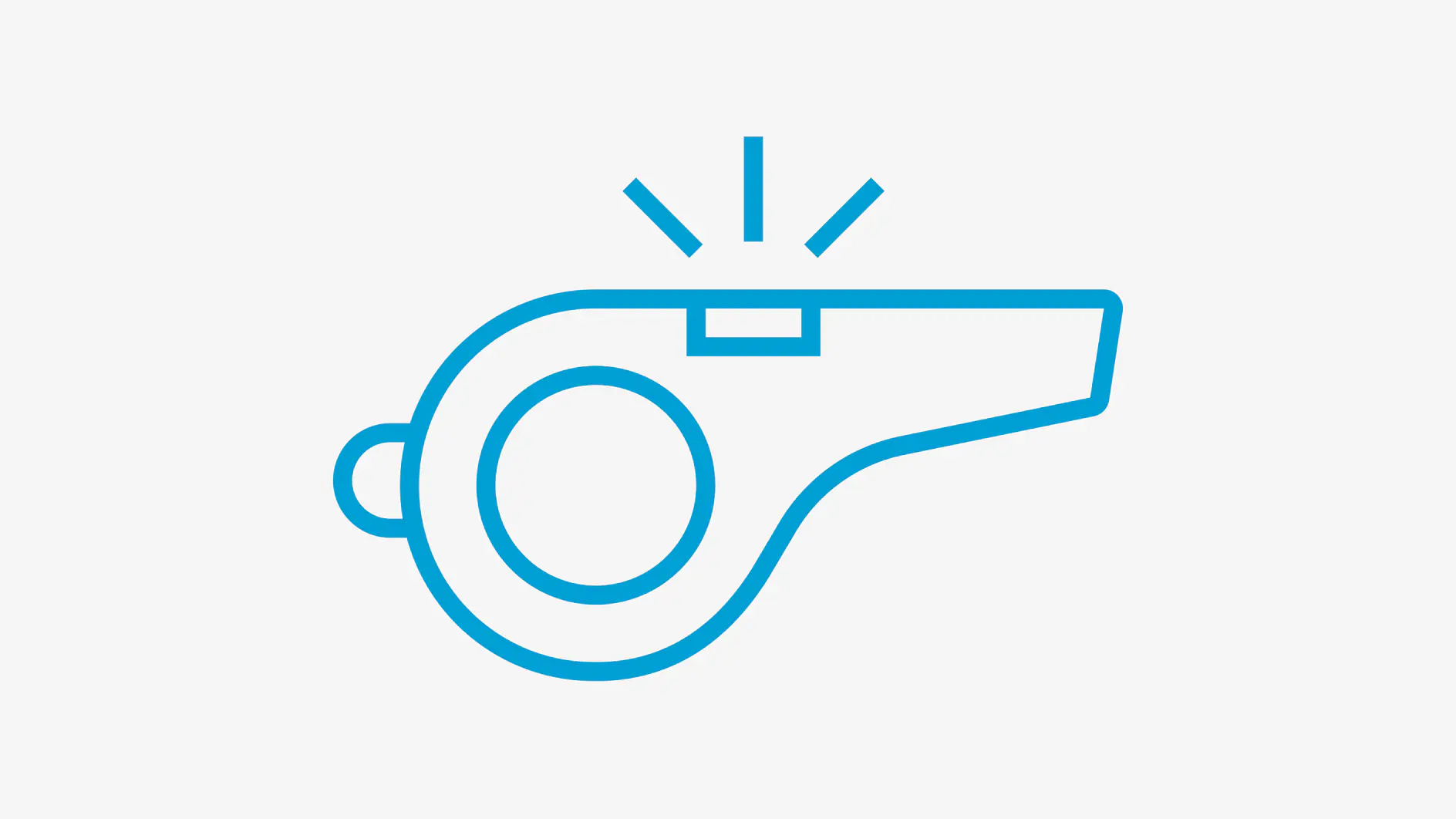 A simple blue outline illustration of a whistle emitting sound rays, positioned on a plain white background.