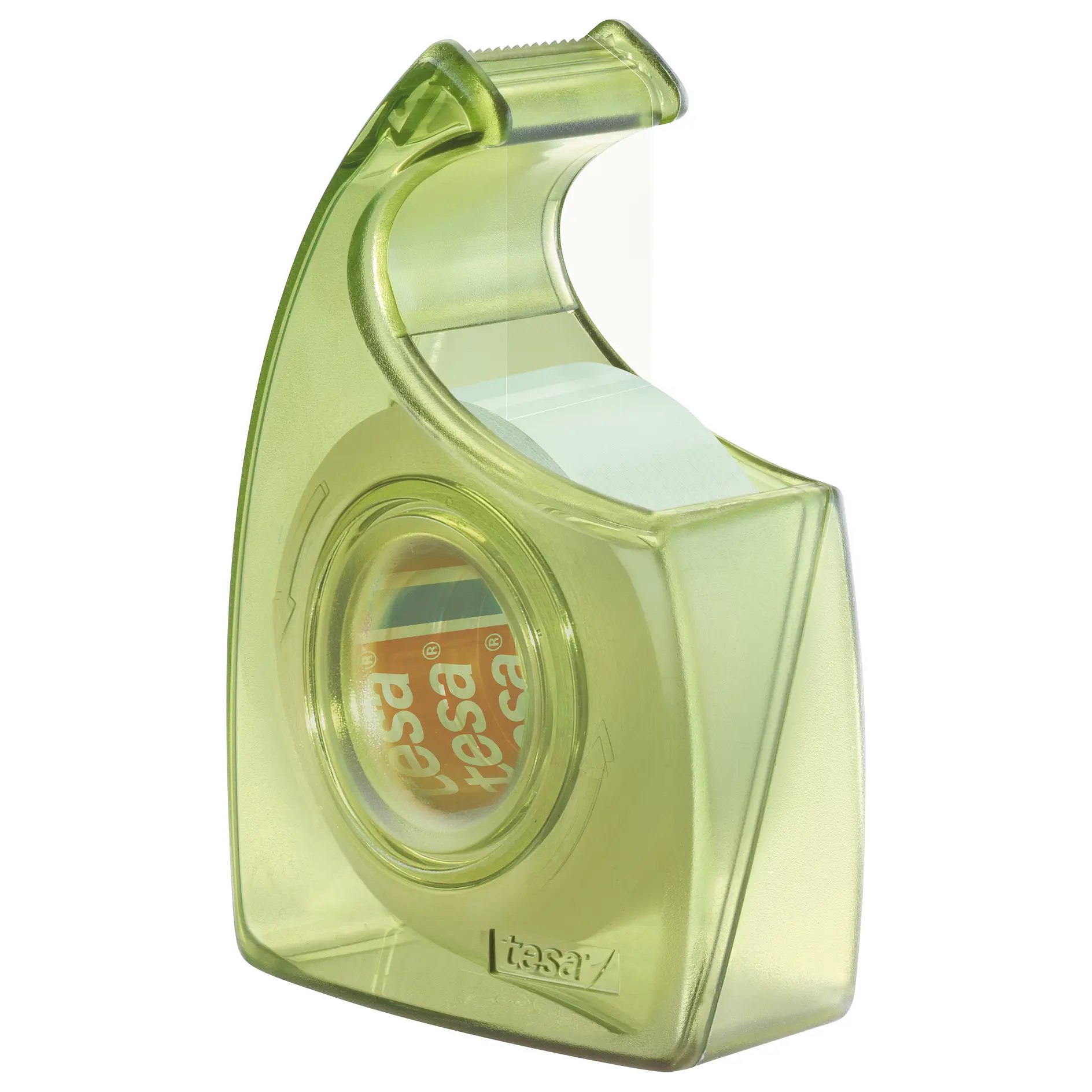 tesa clear adhesive tape dispenser with green translucent plastic casing on a white background (This text has been generated by AI)