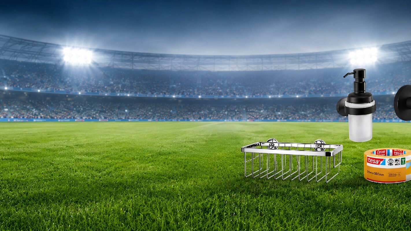 Ein Fußballstadion mit grellem Licht und einem leeren Spielfeld. Im Vordergrund sind tesa-Klebeband, ein Seifenspender und Wandhaken nebeneinander ausgestellt. (This text has been generated by AI)