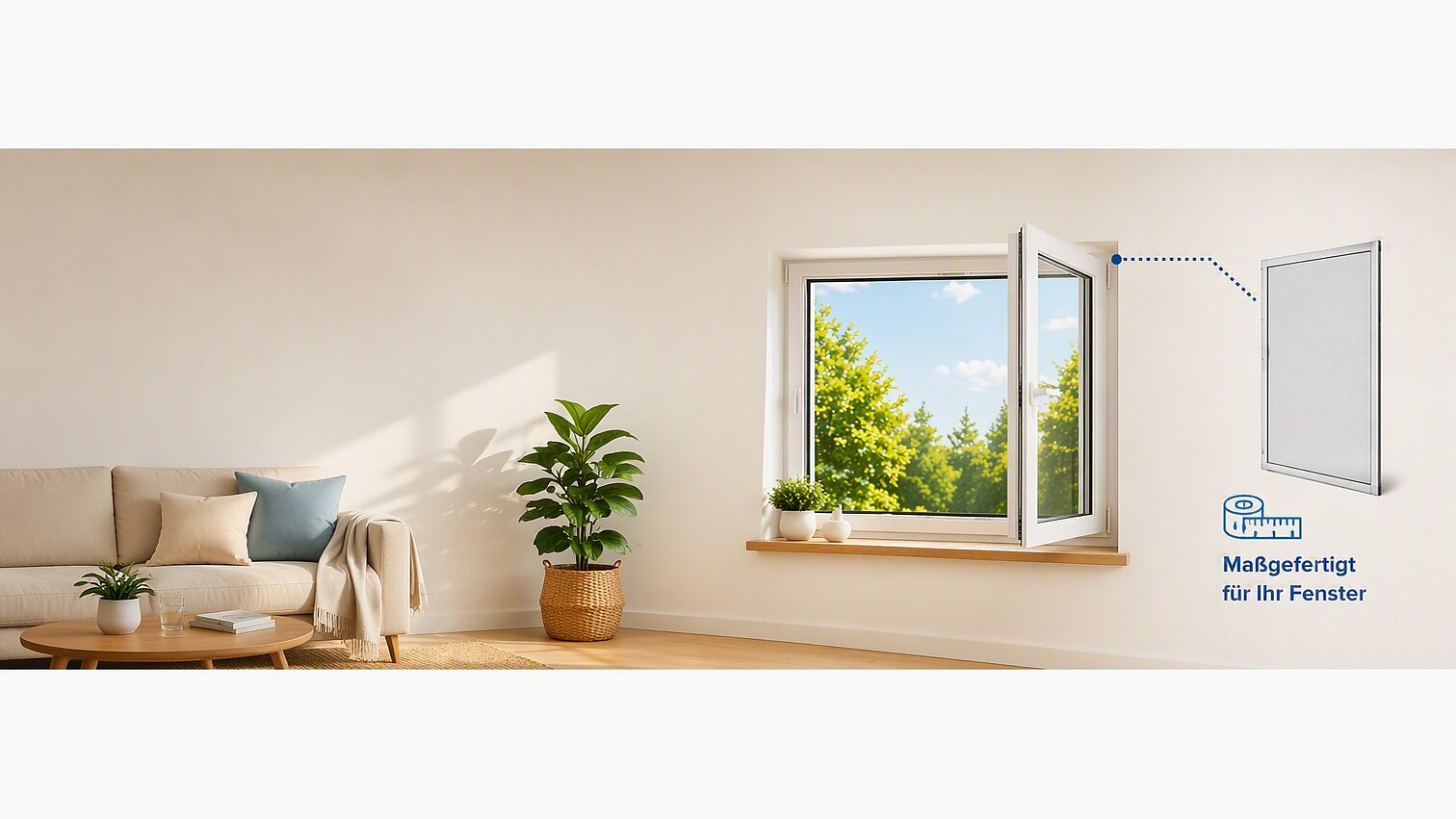 Ein Wohnzimmer mit einem beigen Sofa, einem runden Holztisch und einer Pflanze neben einem offenen Fenster. Einblendung: Maßgefertigter Paravent, der mit tesa-Klebeband befestigt wurde. (This text has been generated by AI)