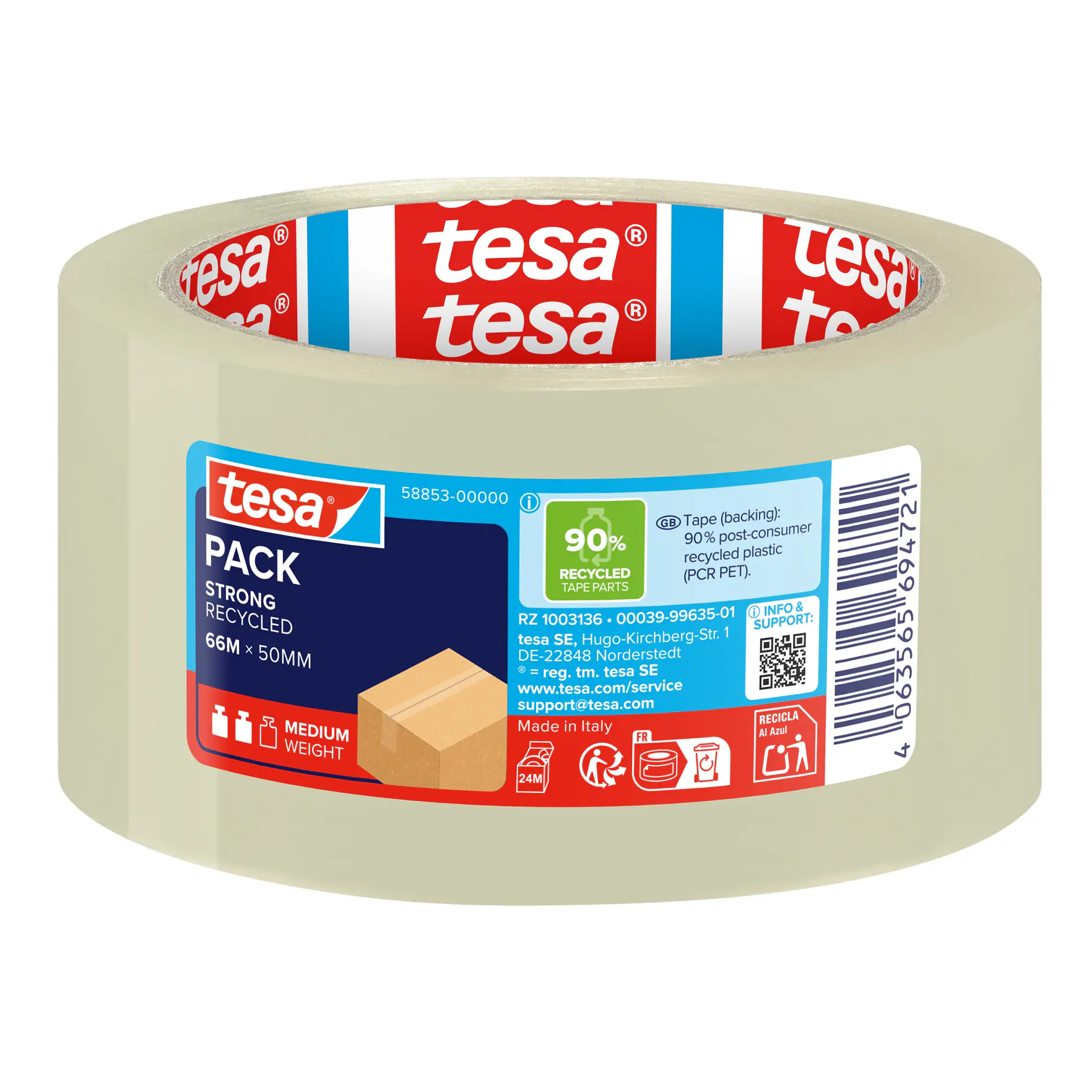 Clear packing tape roll with tesa branding, labeled for medium boxes, 50mm width, 50m length, shown on white background. (This text has been generated by AI)