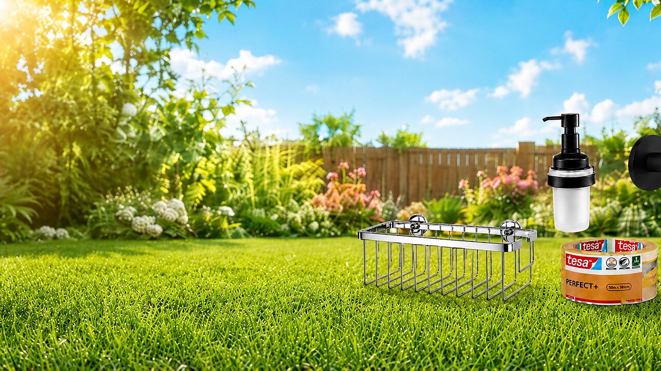 Ein sonniger Garten mit grünem Rasen, Blumenbeeten und einem Holzzaun. Im Vordergrund liegen ein Gartenrechen, ein Seifenspender, tesa-Klebeband, ein Wandhaken, eine Steckdose, Batterien und die Verpackung einer Fliegenfalle. (This text has been generated by AI)