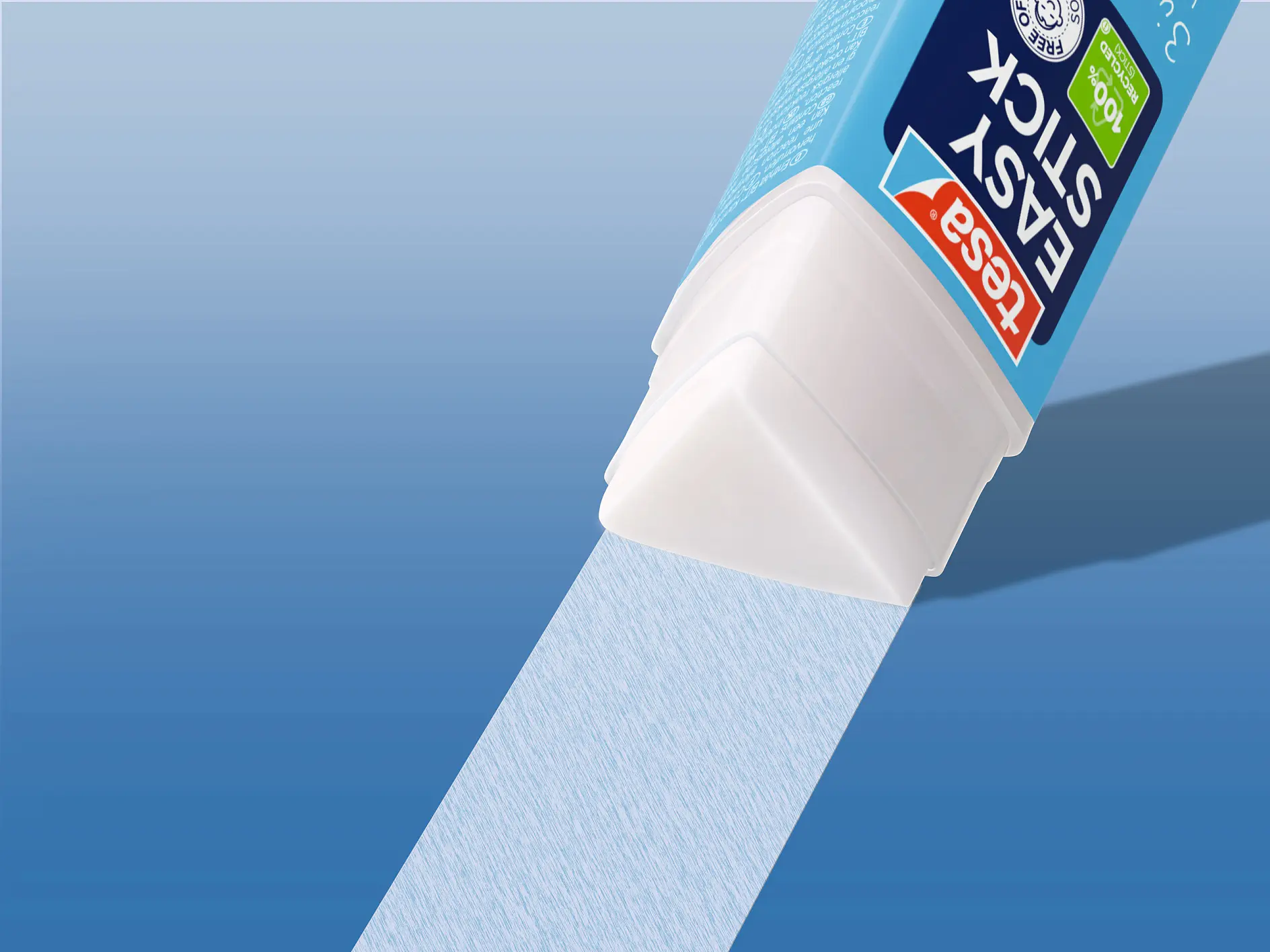tesa easy stick adhesive tape dispenser applying clear tape on blue surface with shadow (This text has been generated by AI)