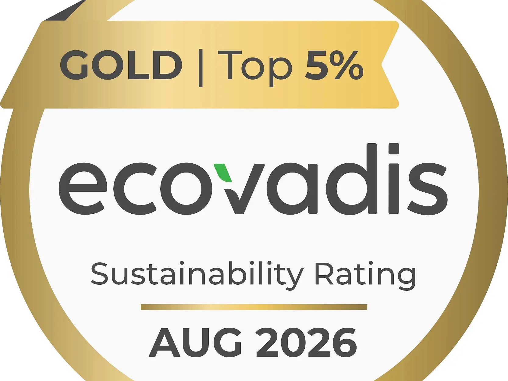 Auf einem runden goldenen Abzeichen sind die Aufschriften „GOLD | Top 5 %“, „EcoVadis Sustainability Rating“ und „AUG 2026“ zu sehen. Dies steht für eine von EcoVadis an tesa tape verliehene Nachhaltigkeitsauszeichnung der Stufe „Gold“, die bis August 2026 gültig ist. (This text has been generated by AI)