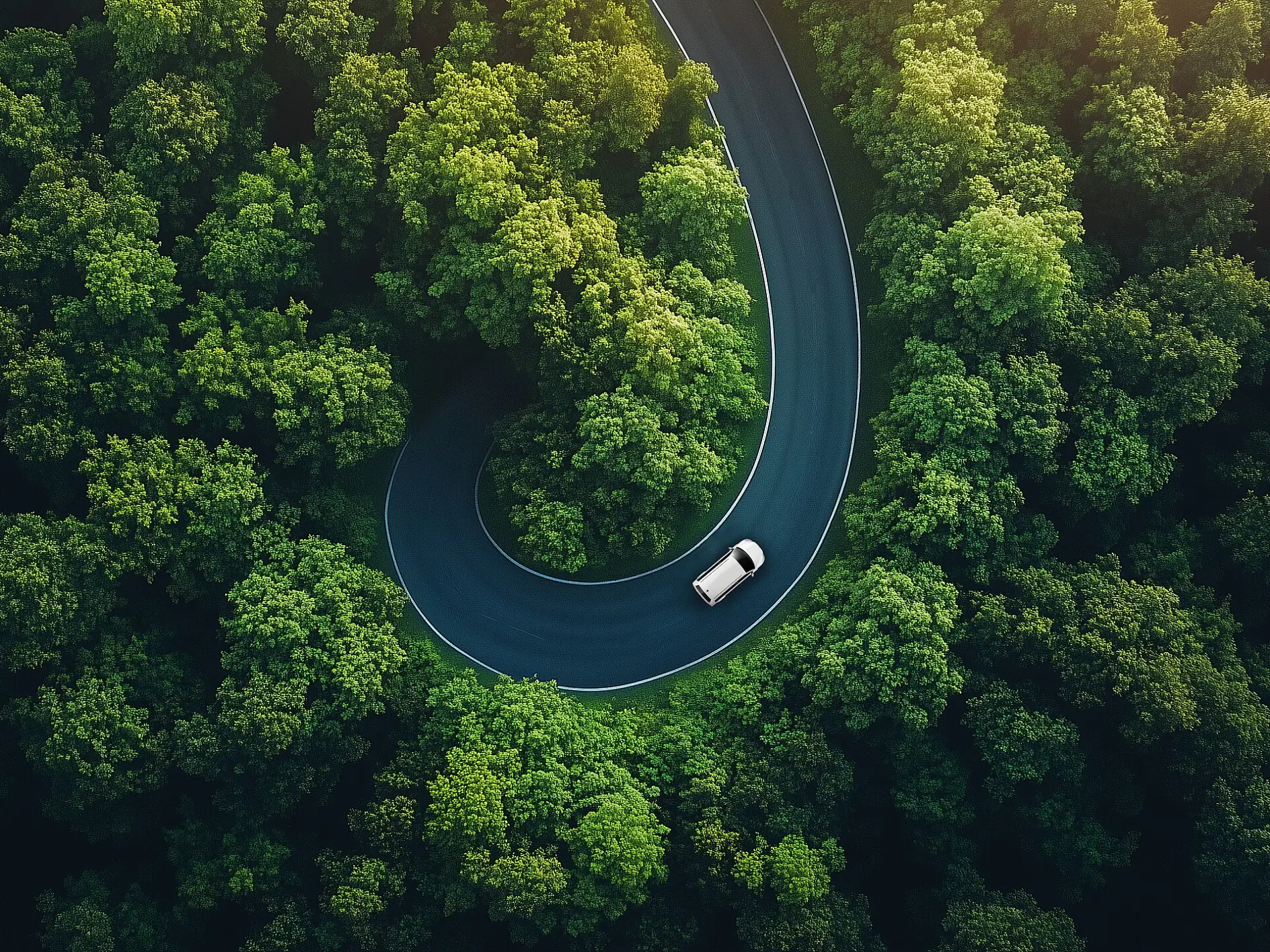 tesa weißes Auto fährt auf einer kurvenreichen Straße, umgeben von dichtem grünem Wald unter sanftem Sonnenlicht (This text has been generated by AI)