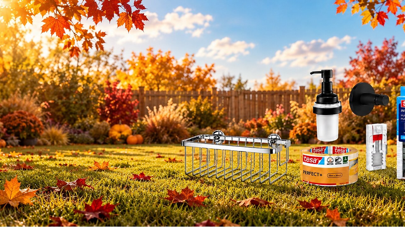 Ein umzäunter Garten im Herbst mit Kürbissen und verstreutem Laub. Im Vordergrund sind Haushaltsartikel zu sehen, darunter ein Metallregal, ein Luftfilter, tesa-Klebeband, ein Befestigungsset sowie zwei Packungen mit Klebstoff und Klebeband der Marke tesa. (This text has been generated by AI)