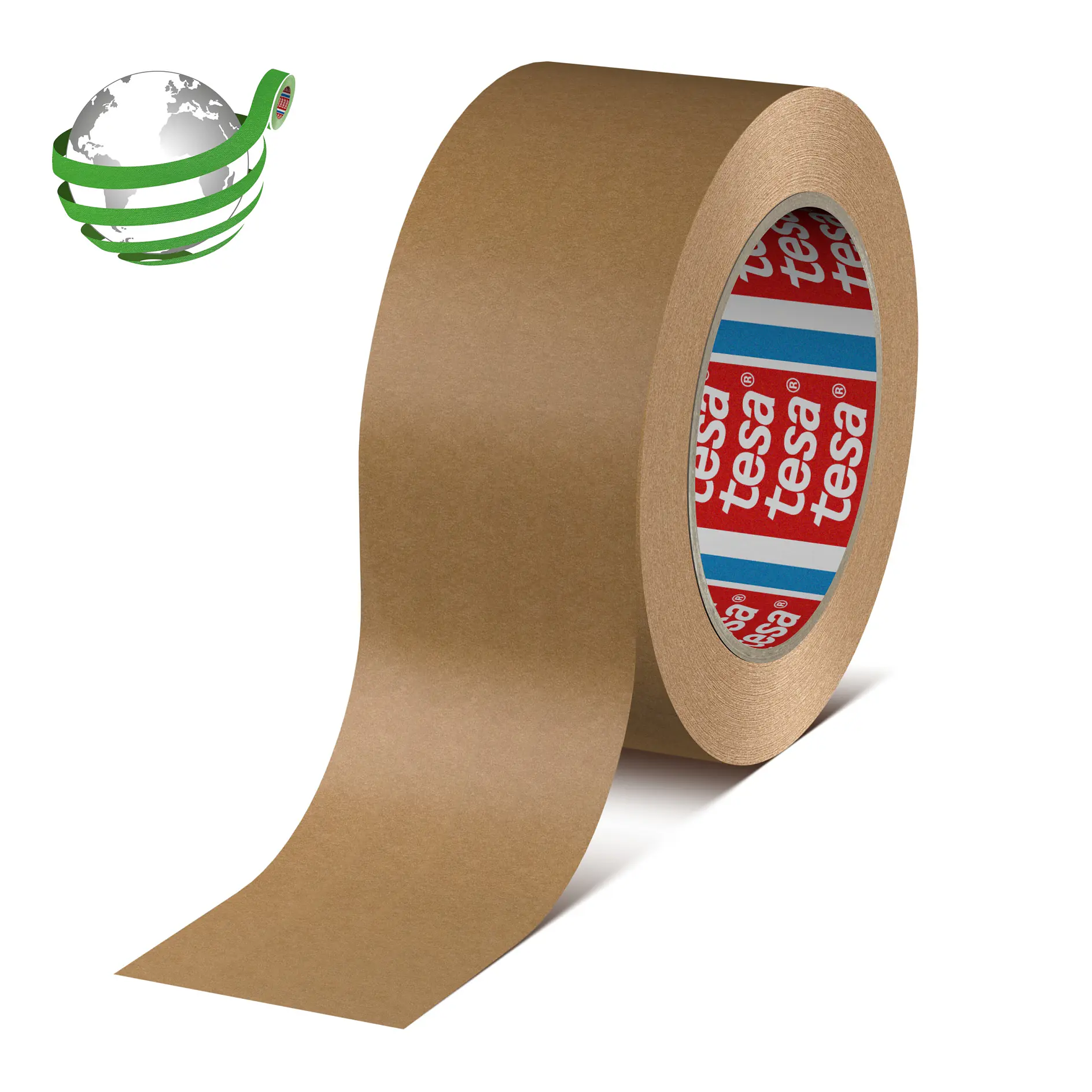 braune Klebebandrolle mit tesa-Branding auf dem Innenkern, freigestellt auf weißem Hintergrund (This text has been generated by AI)