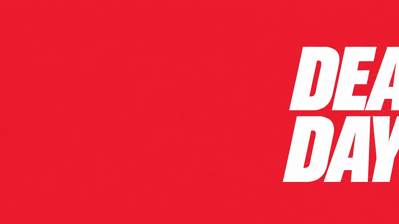Roter Hintergrund mit fettgedrucktem weißem Text auf der rechten Seite, der DEAL DAYS lautet. In der rechten unteren Ecke ist eine kleine, geschwungene blaue Form zu sehen, die einem Stück tesa-Klebeband ähnelt. Es sind keine weiteren Grafiken oder Texte vorhanden. (This text has been generated by AI)