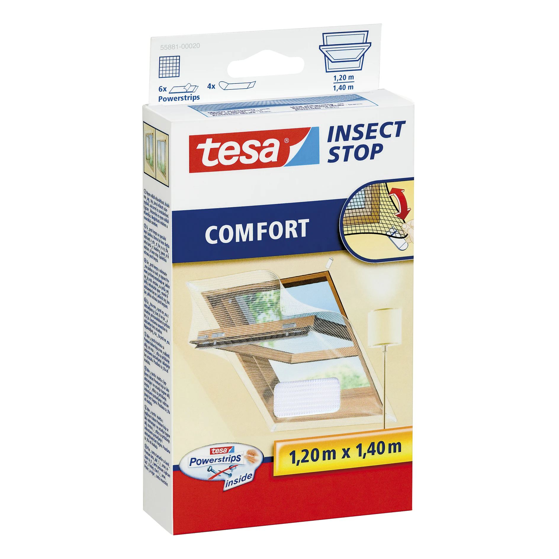 tesa insect stop comfort insect screen for windows, 1.20m x 1.40m, shown in retail packaging with product image and branding (This text has been generated by AI)