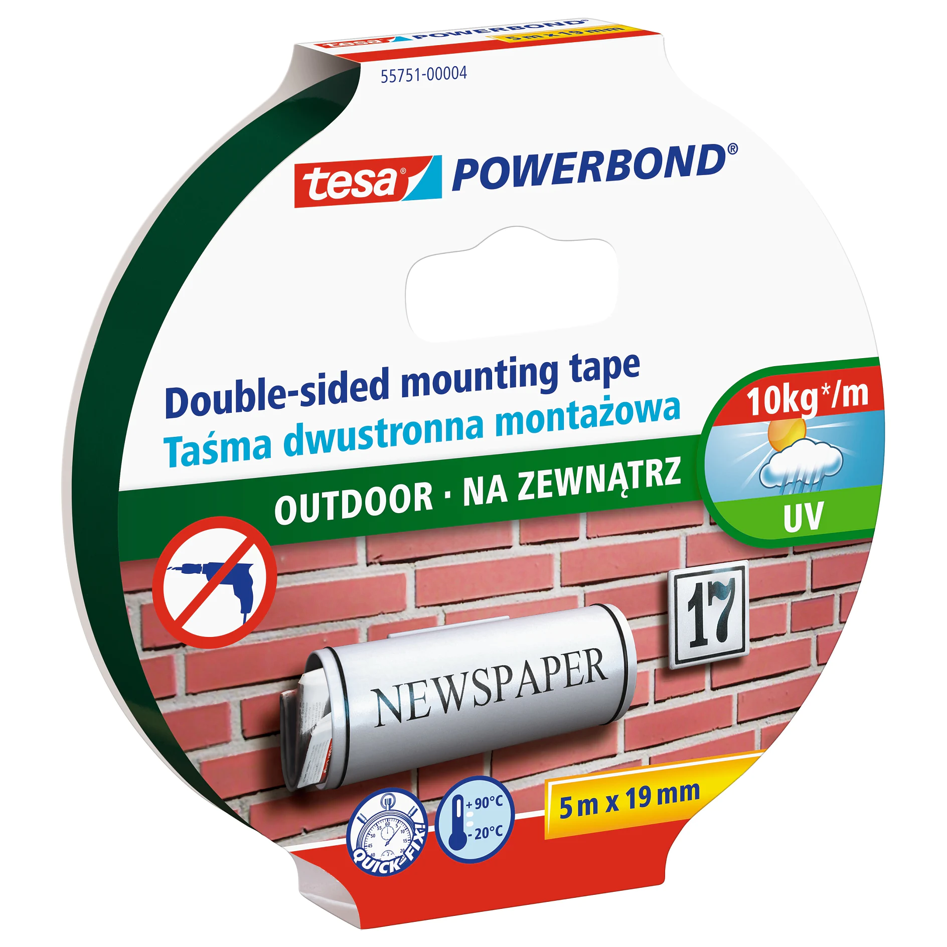 tesa powerbond double-sided mounting tape for outdoor use, 5m x 19mm, holds up to 10kg/m², UV resistant, shown on brick wall with newspaper holder (This text has been generated by AI)