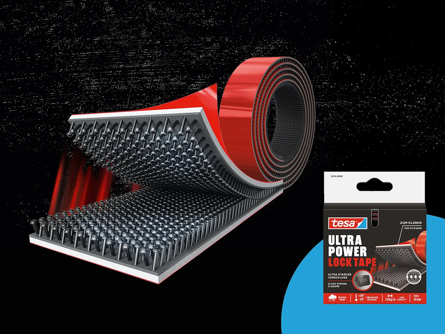 Κοντινό πλάνο ενός ρολού tesa Ultra Power Lock Tape. Η ταινία tesa ξετυλίγεται για να δείξει τον μηχανισμό στερέωσης με γάντζο και βρόχο. Η συσκευασία εμφανίζεται στα δεξιά, με το λογότυπο της tesa και τις λεπτομέρειες του προϊόντος. Το φόντο είναι μαύρο με μπλε καμπύλη. (This text has been generated by AI)