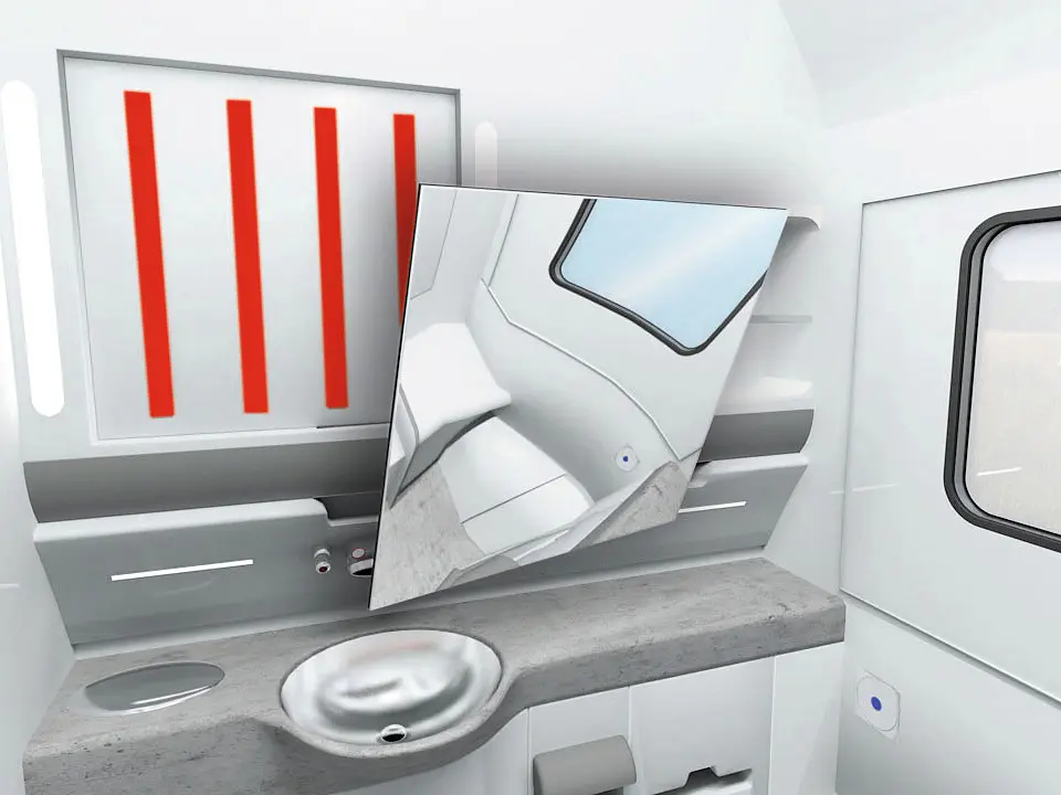 tesa tape dispenser mounted on a white wall above a gray countertop with a round sink in a compact, modern bathroom interior (This text has been generated by AI)
