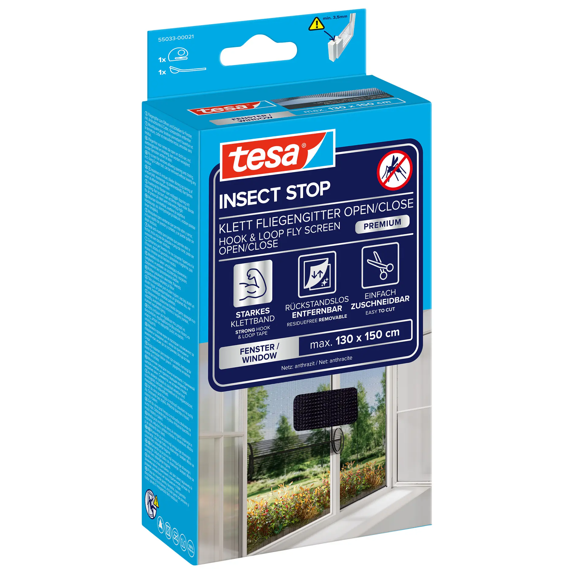 tesa insect stop window hook and loop strip with opener, indoor insect barrier for windows, 130 x 150 cm, blue packaging (This text has been generated by AI)