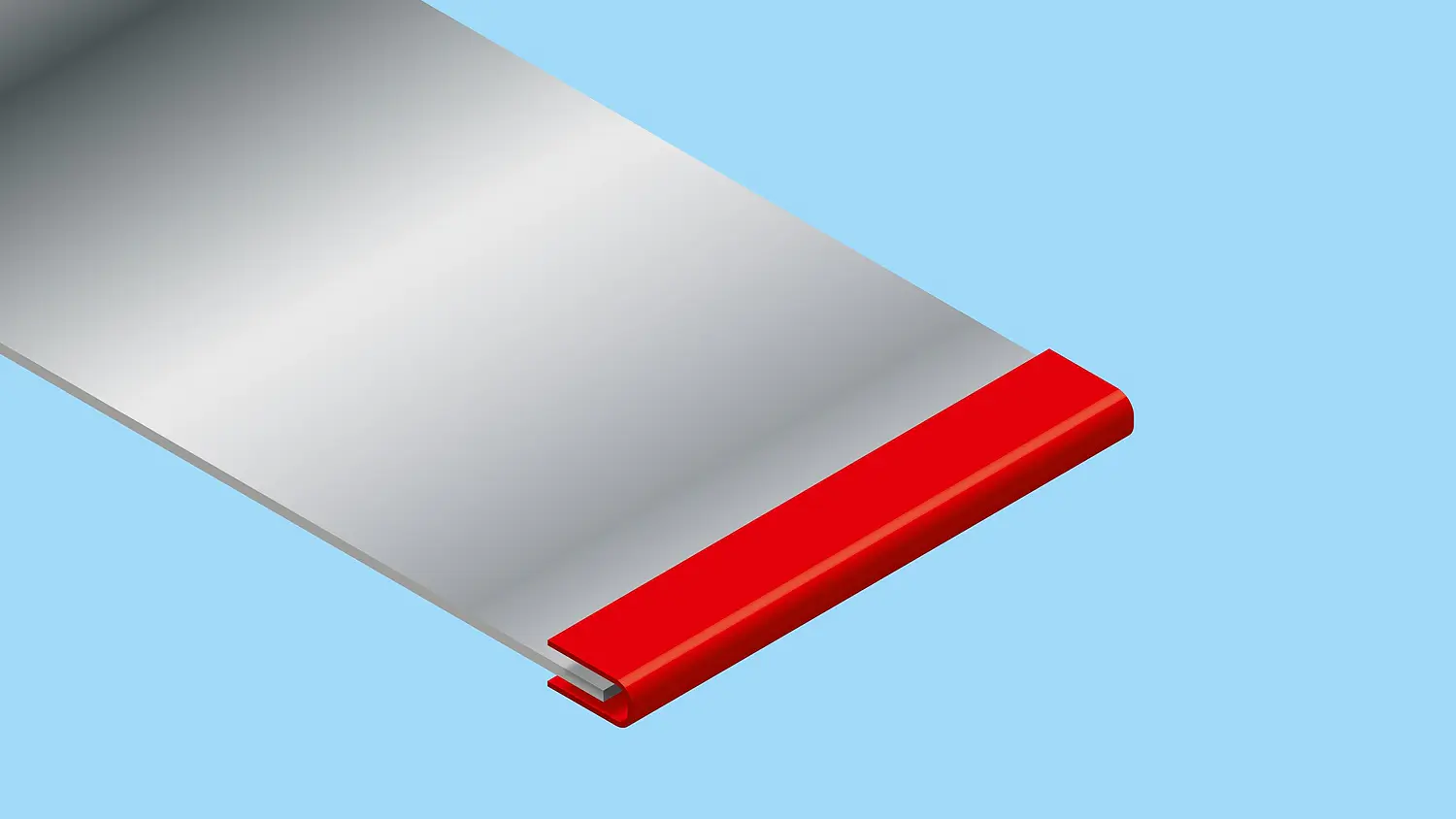 A silver metallic strip is shown against a light blue background. The strip has a red, slightly thicker end, creating a contrast with the metallic surface. The strip appears smooth and is lying flat on tesa tape.