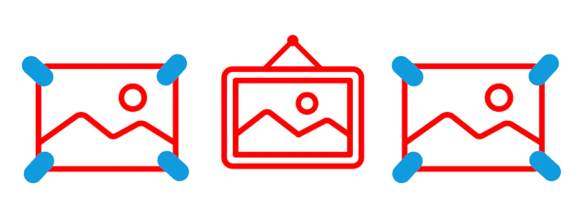 Three outlined icons: two images with mountains and a sun, marked by tesa tape corner dots, are on the left and right. The central icon depicts a framed picture of mountains and a sun with a hanging nail. All icons are in red with blue tesa tape corner dots.