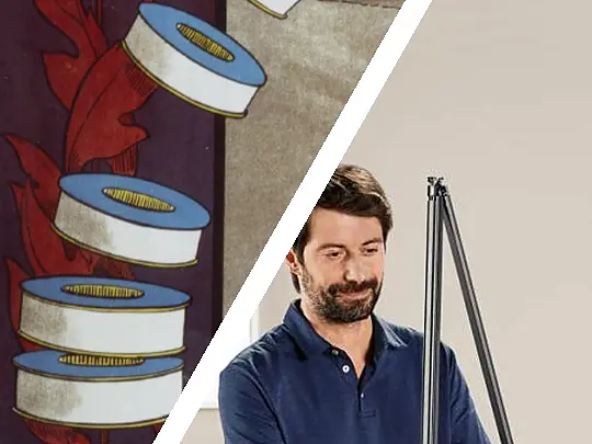 The image is split diagonally. On the left, a vintage-looking design with film reels stacked on a red leaf, set against a dark background. On the right, a man in a blue shirt assembles a triangular frame in a living room using tesa tape.