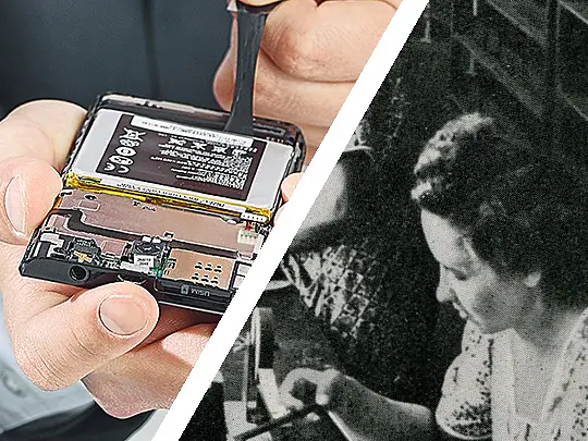 A split image shows a modern close-up of hands repairing a smartphone on the left, and a vintage black-and-white photo of a woman working on electronics at a desk on the right. The image highlights the use of tesa tape in both scenes, demonstrating its versatility and longstanding reliability in electronic repairs.
