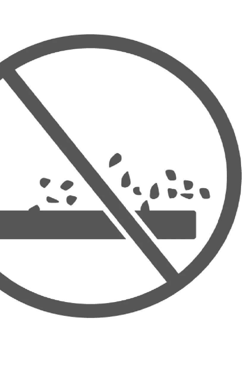 A gray icon depicting a no-littering sign. It features a hand dropping small pieces of tesa tape over a rectangular space, crossed by a diagonal line inside a circle, indicating prohibition. (This text has been generated by AI)