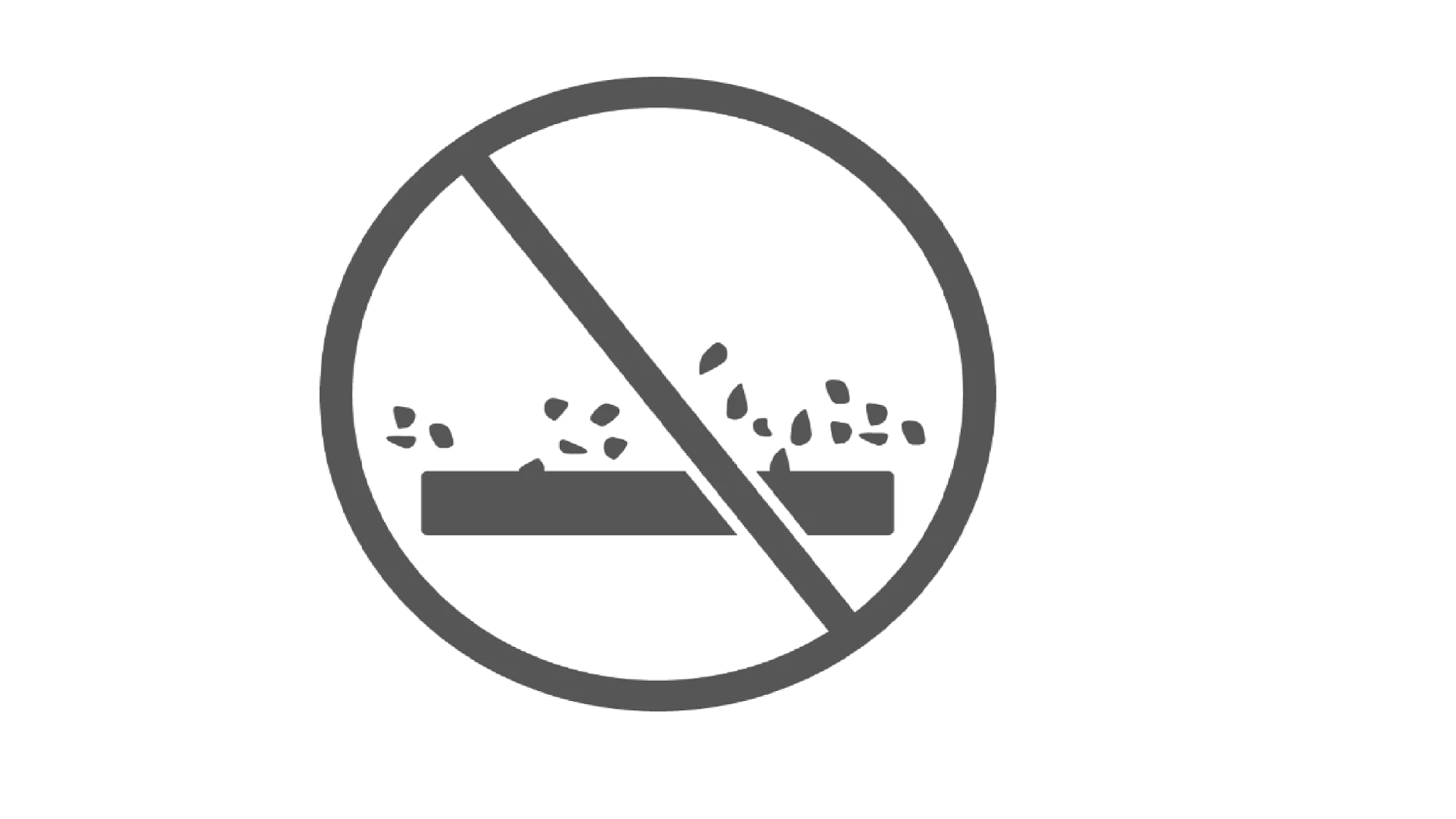 A gray icon depicting a no-littering sign. It features a hand dropping small pieces of tesa tape over a rectangular space, crossed by a diagonal line inside a circle, indicating prohibition. (This text has been generated by AI)