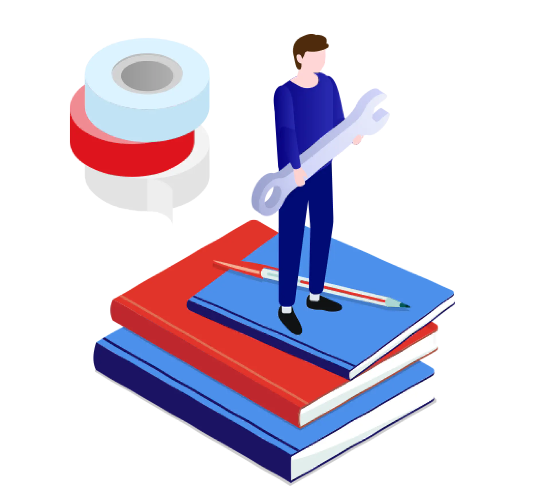 Illustration of a person holding a large wrench, standing on a pile of three books. A pencil lies on the books. Rolls of tesa tape are depicted floating beside them. The background is plain.