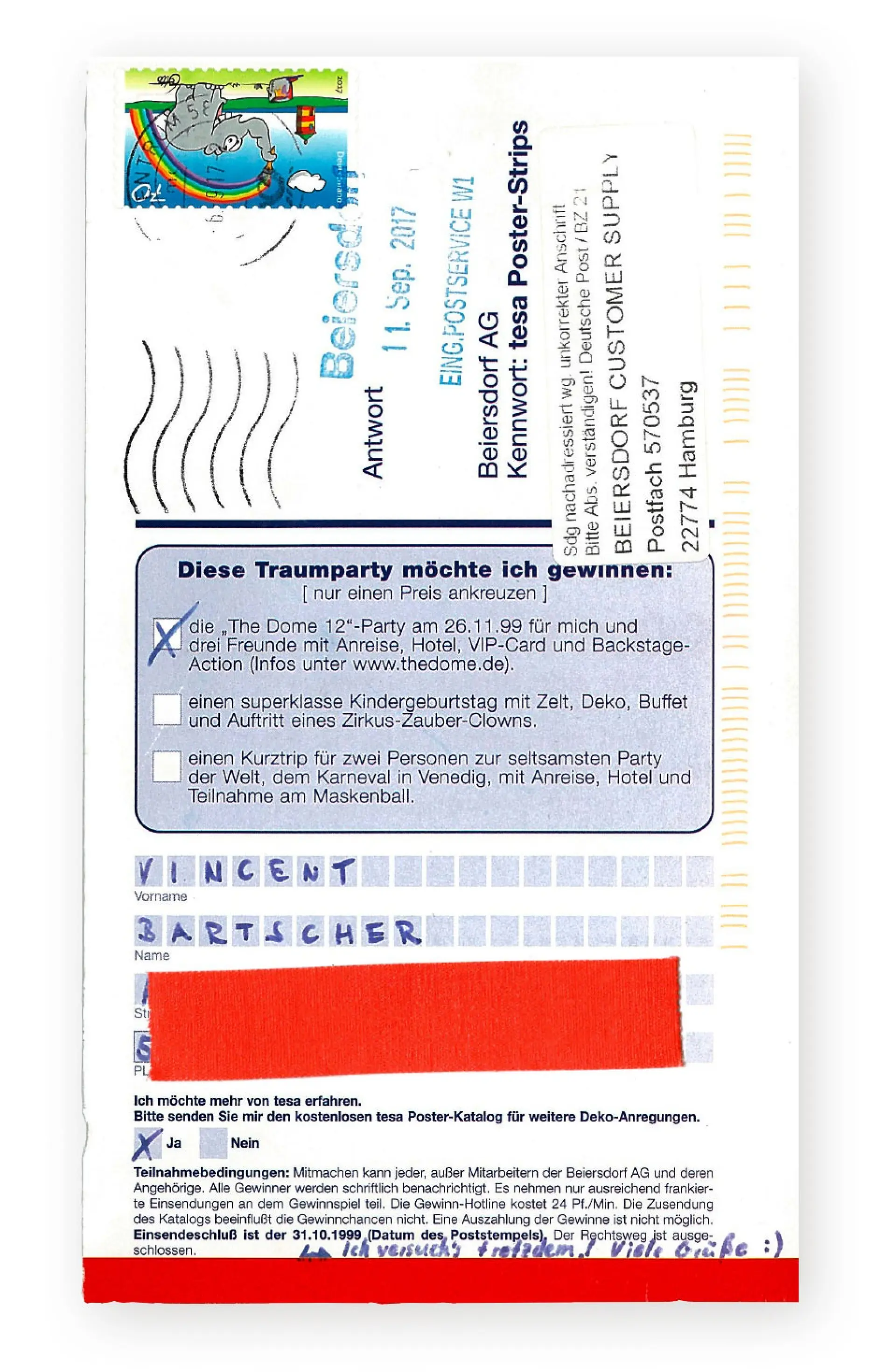 German contest entry card for a party invitation. Includes details like a checklist of preferences, address fields, and colorful graphics. A red rectangle made with tesa tape covers some text at the bottom.
