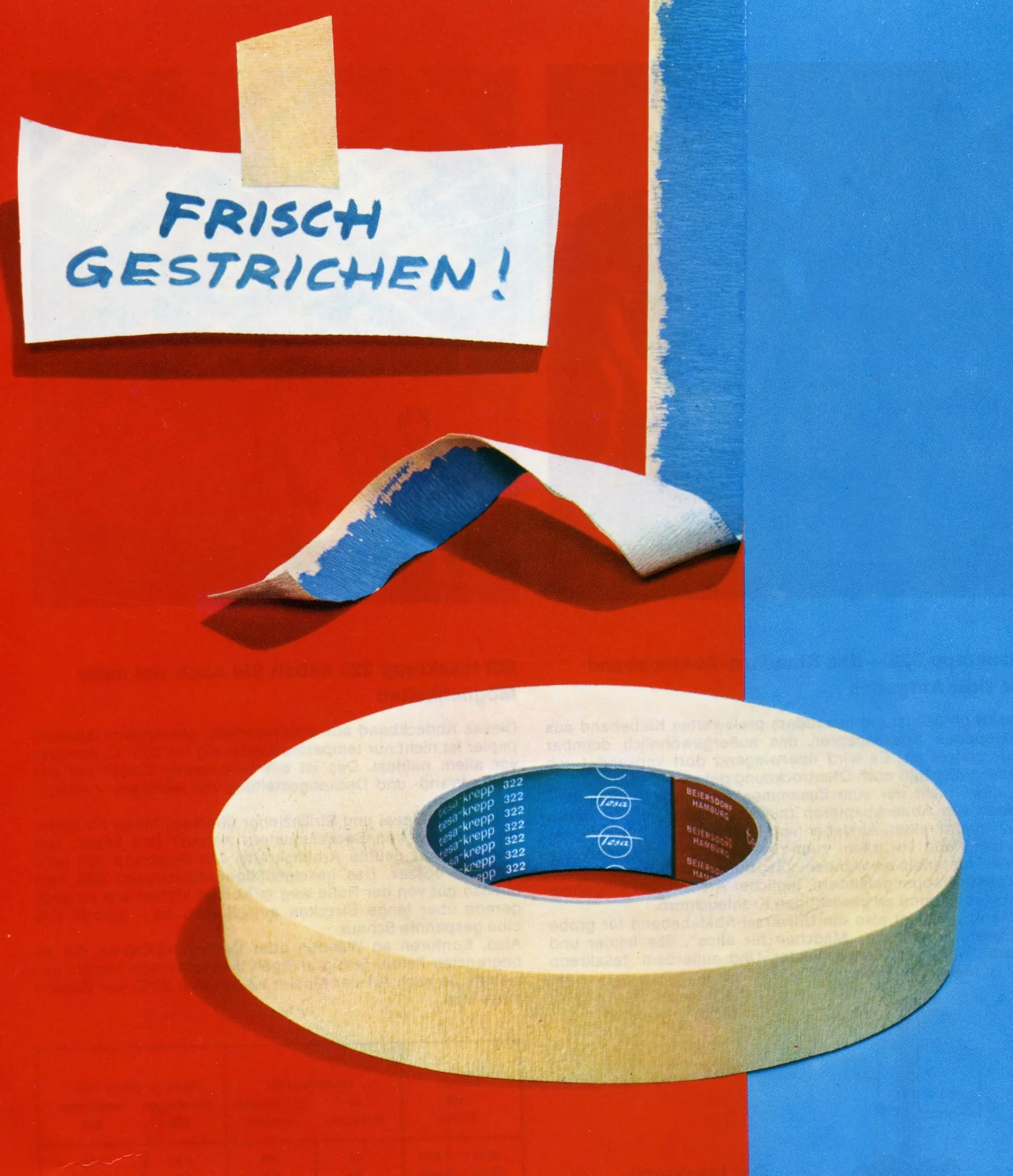 A roll of tesa tape lies on a red and blue background. A piece of tesa tape peels back from blue paint on a red surface. A note attached with tesa tape reads Frisch Gestrichen! indicating freshly painted, in German.
