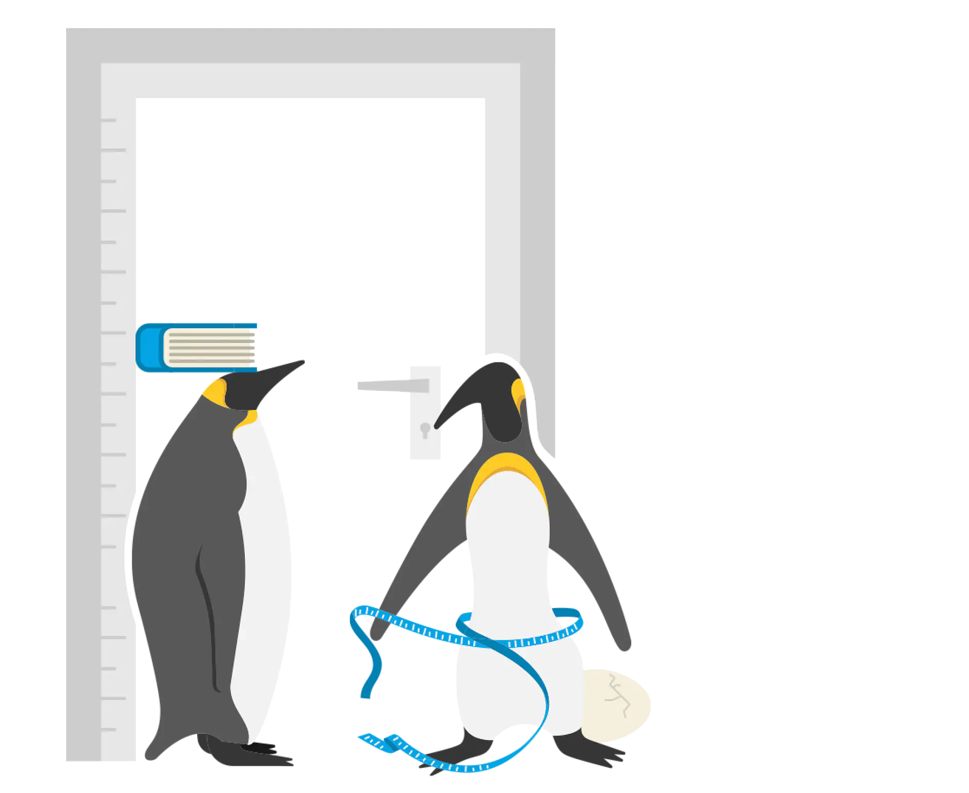 Two penguins are by a door. One penguin holds a tesa tape measure around its waist and stands in front of an egg. The other penguin has a book on its head, measuring its height against the doorframe. A ruler is drawn on the doorframe. (This text has been generated by AI)