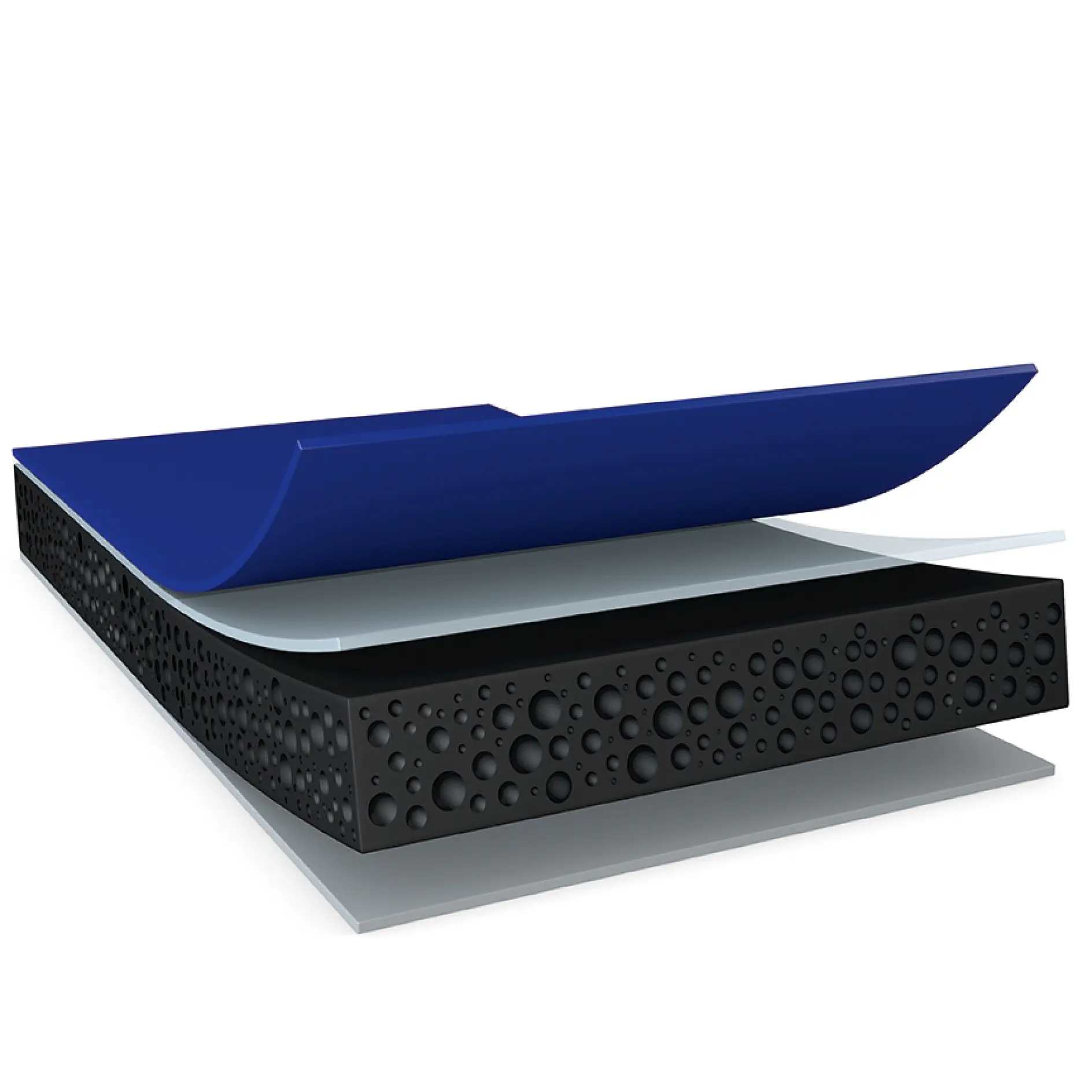 Cross-section illustration of a layered object. The top blue layer is semi-folded. Below it are a thin white layer, a textured black layer with circular detailing made from tesa tape, and another white layer at the bottom. (This text has been generated by AI)