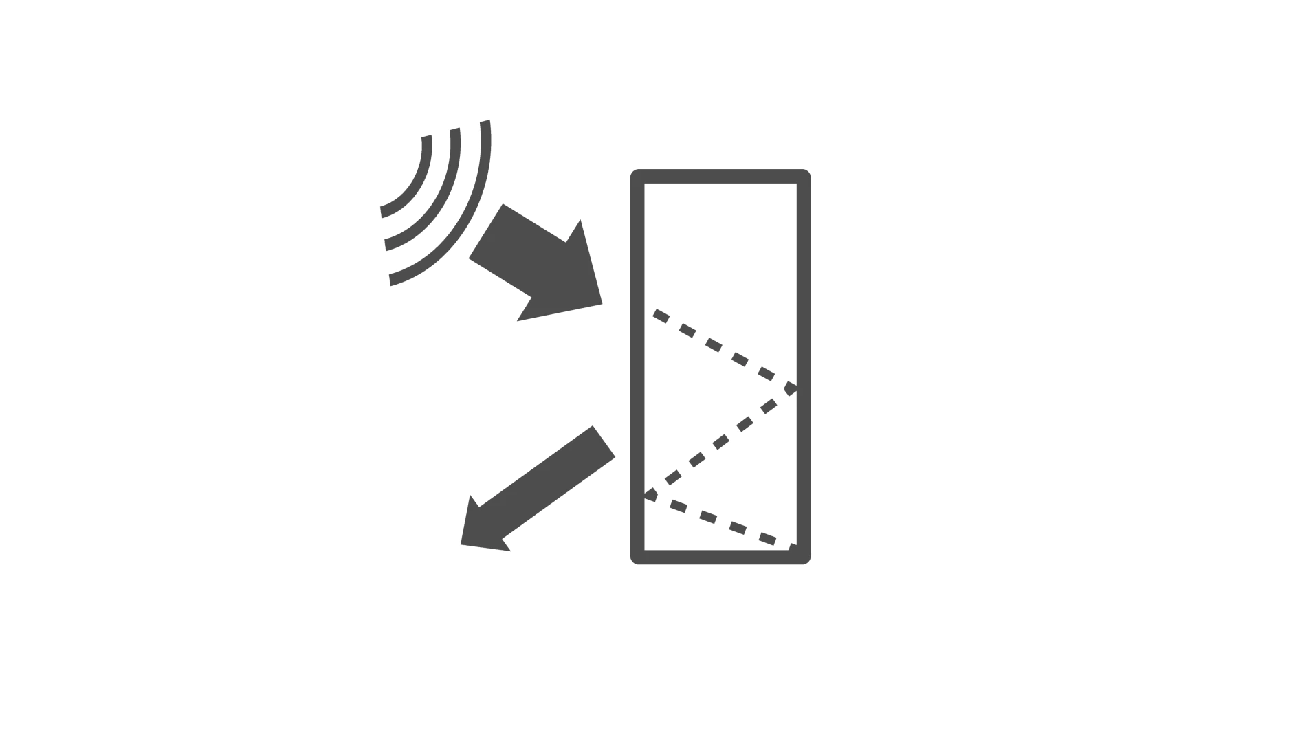 Diagram showing sound waves hitting a rectangular object, with arrows indicating reflection and direction change. Dashed lines inside the rectangle represent the path of the sound waves. (This text has been generated by AI)