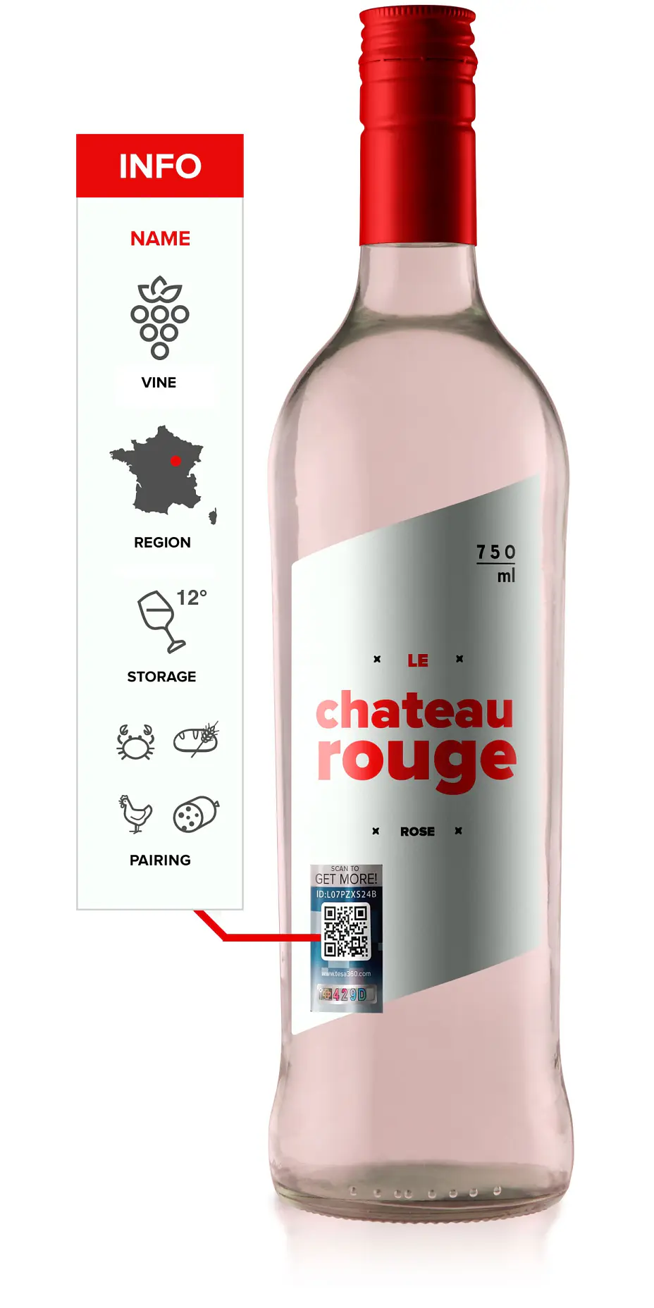 A bottle of Le Chateau Rouge rosé wine with a red cap. The label highlights info: grape variety, French region, storage temperature of 12°C, and pairing suggestions. A QR code is visible on the label. Capacity is 750 ml.