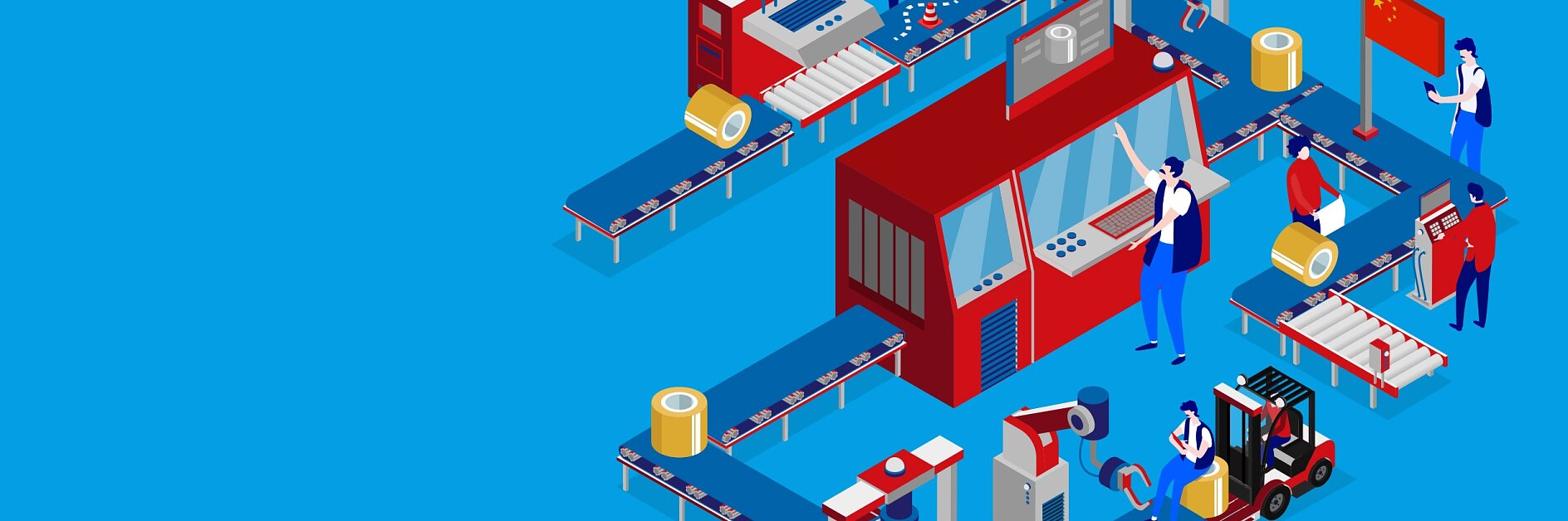 Illustration of people working in a factory setting with conveyor belts, tesa tape, machinery, and equipment. Workers are in various positions managing machines and products. The background is blue, and a forklift is visible on the right side.