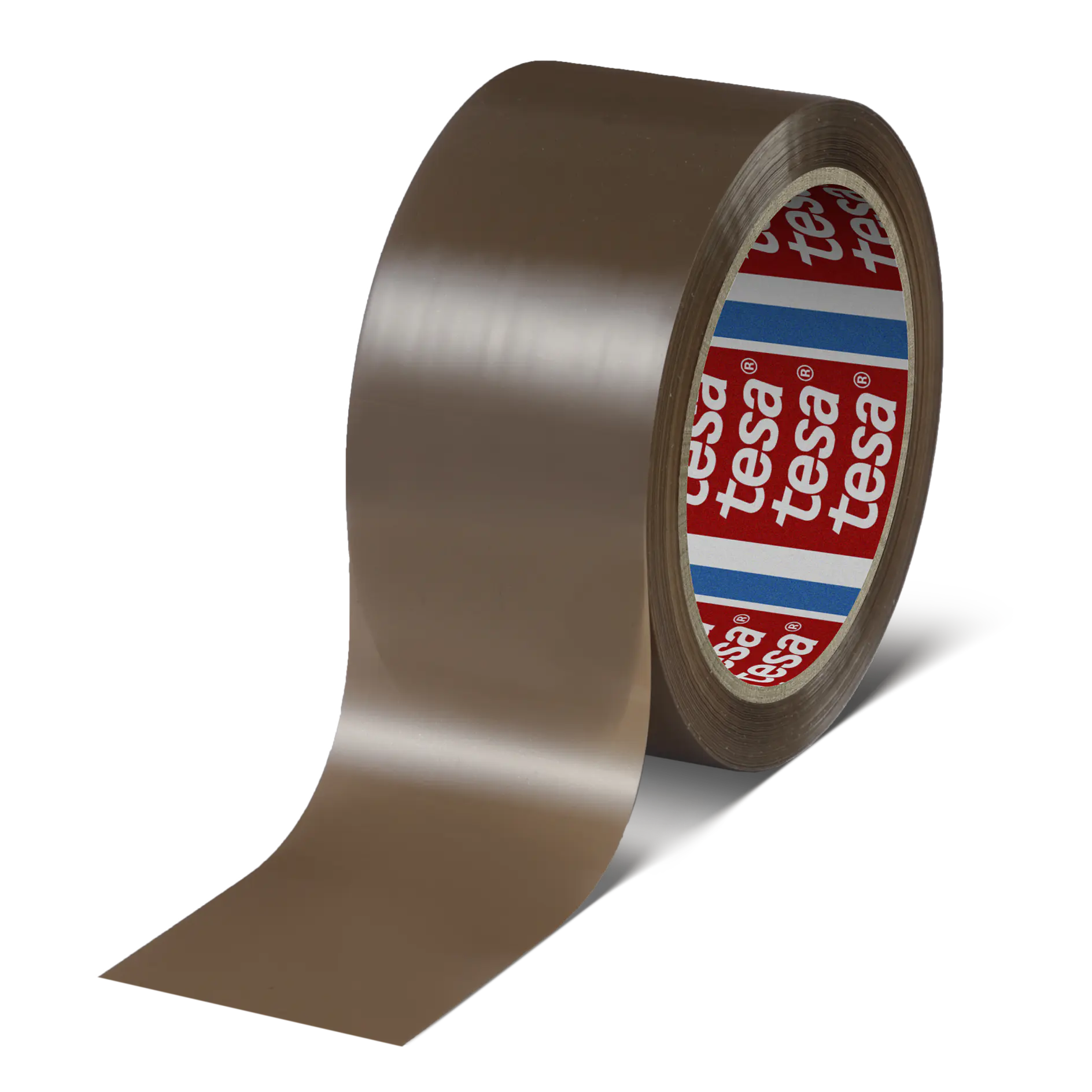 A roll of brown adhesive tesa tape with a partially unrolled strip. The inner part of the roll features the brand name tesa printed in red text on a white and blue background. The tesa tape is placed against a plain white background. (This text has been generated by AI)