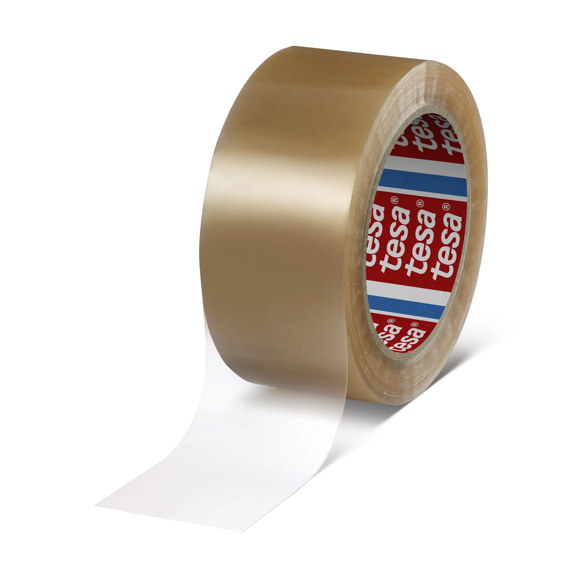 A roll of brown adhesive tesa tape with a partially unrolled section. The inner side of the roll features a red, blue, and white design with repeated tesa text. The tesa tape has a glossy finish. (This text has been generated by AI)