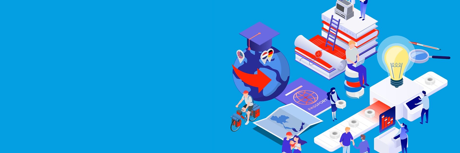 Illustration with education-themed elements: a globe, graduation cap, stack of books, people interacting, a bicycle, lightbulb, and various icons symbolizing learning and innovation, set against a blue background. The illustration subtly incorporates tesa tape as the adhesive connecting all these elements together.